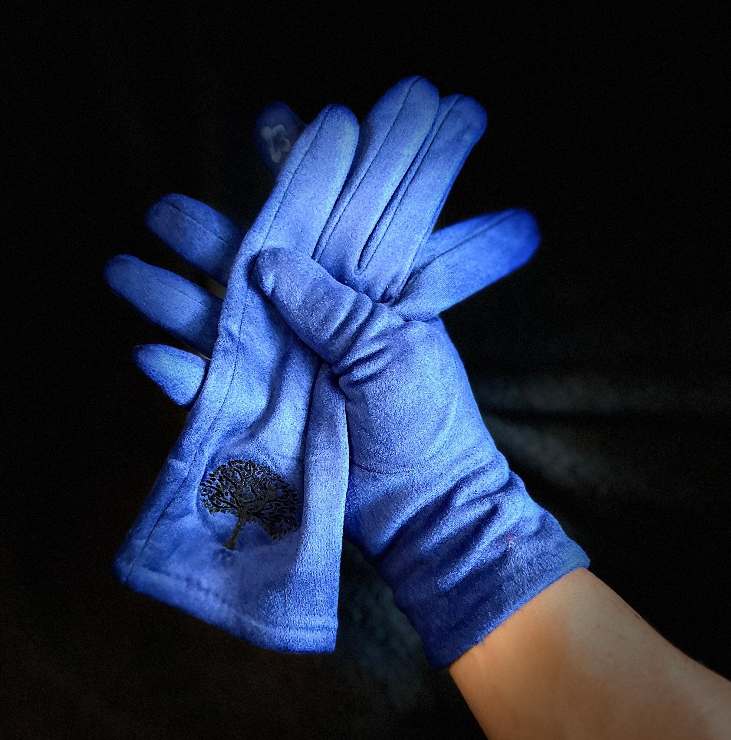 Blue Gloves with Embroidery Mulberry Tree for Women