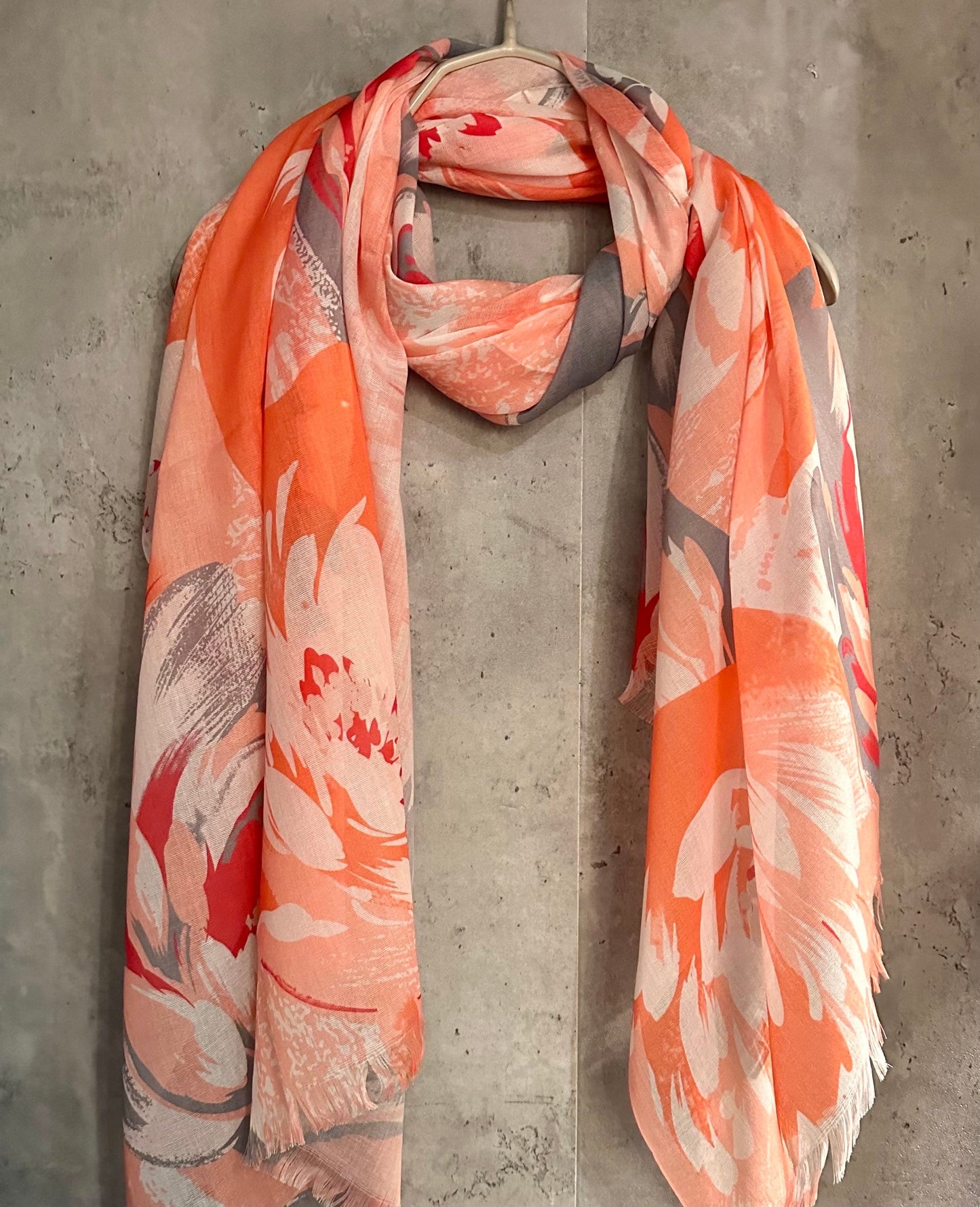 Orange Cotton Blend Scarf with Huge Flowers Pattern – An Elegant Gift for Mom and Her, Ideal for Birthday and Christmas Celebrations