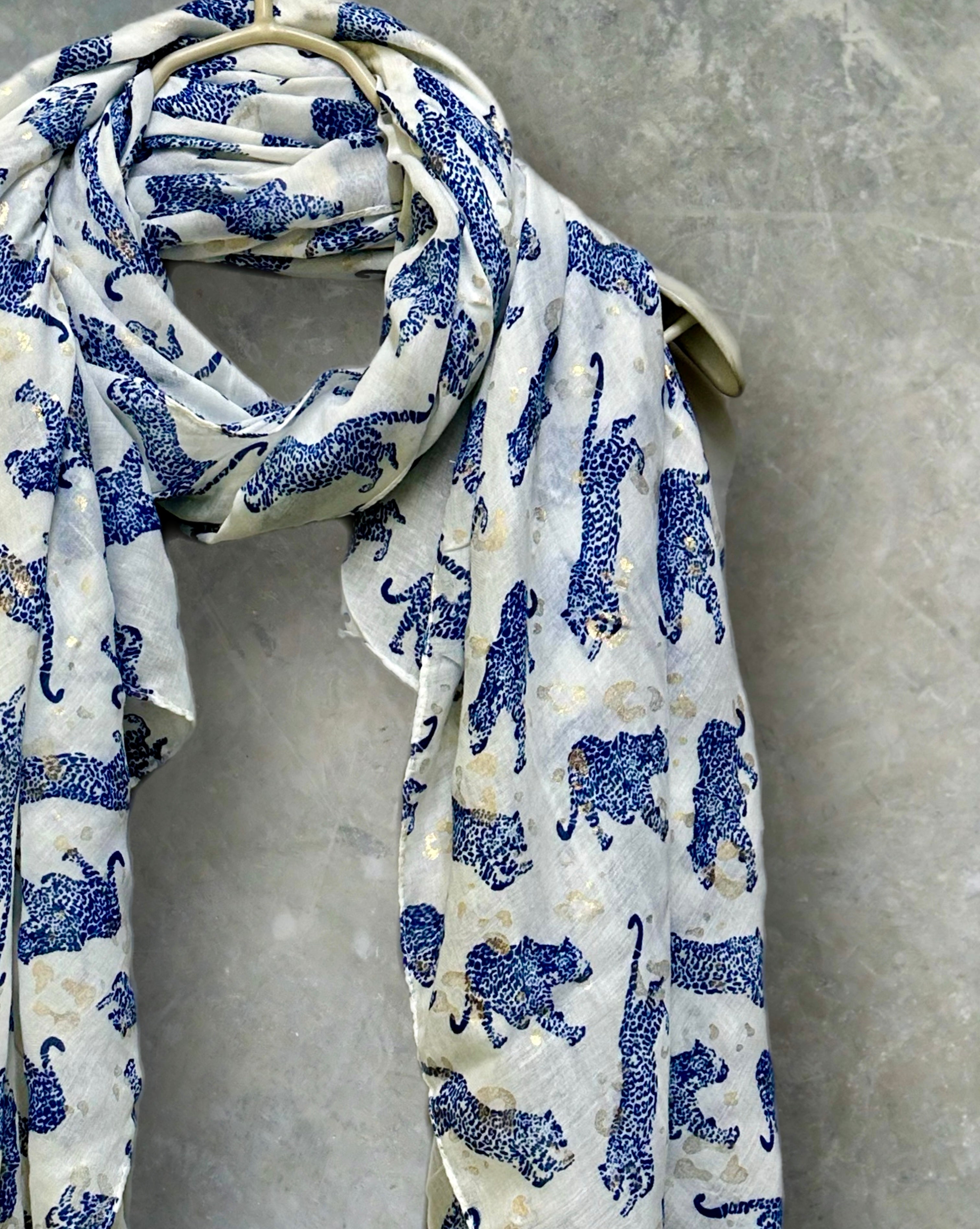 Blue classic leopards print off white scarf