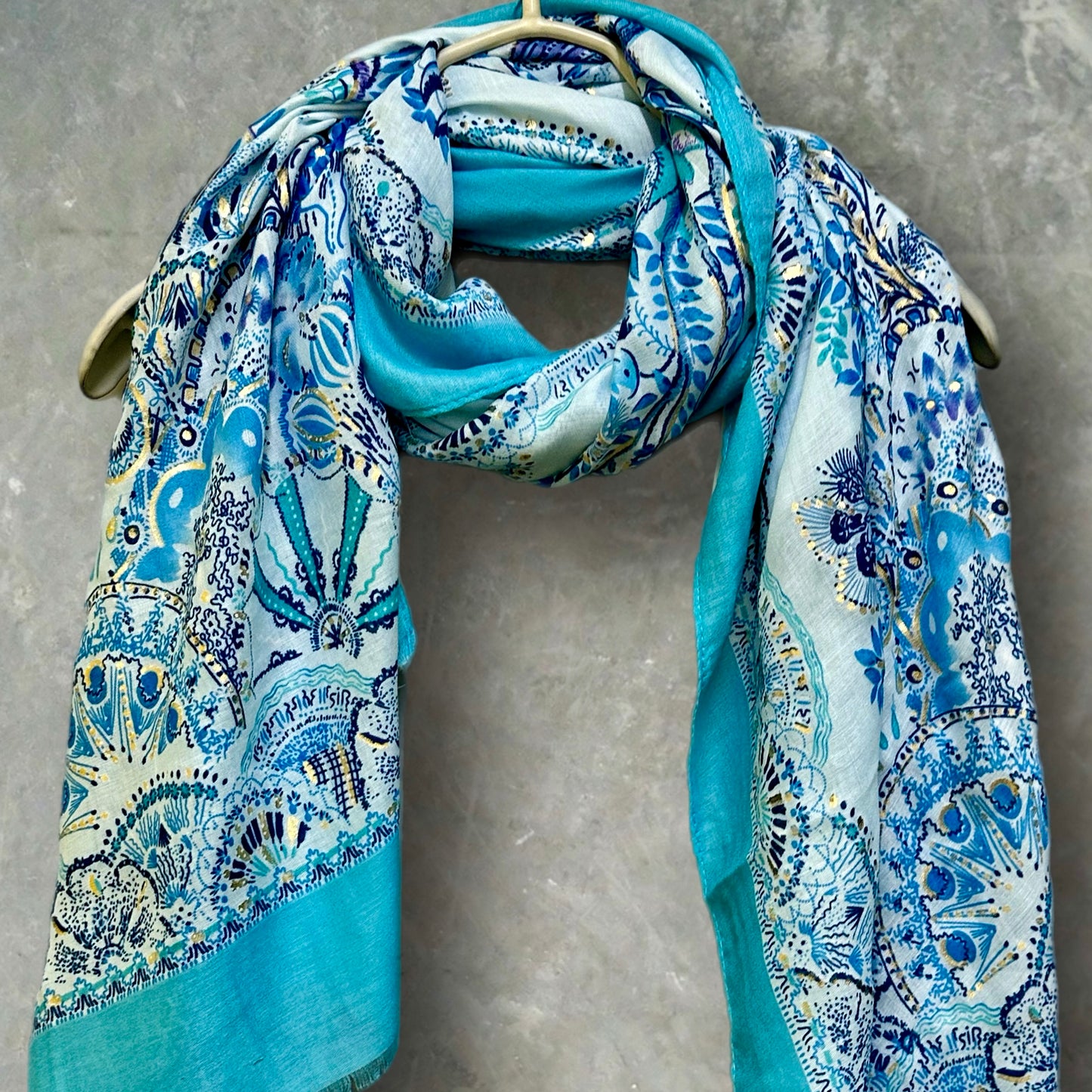 Sky Blue Sketch Tree Scarf with Blue Trim,Perfect for Women,All Seasons,Ideal Gifts for Her,Mom, Birthday and Christmas.