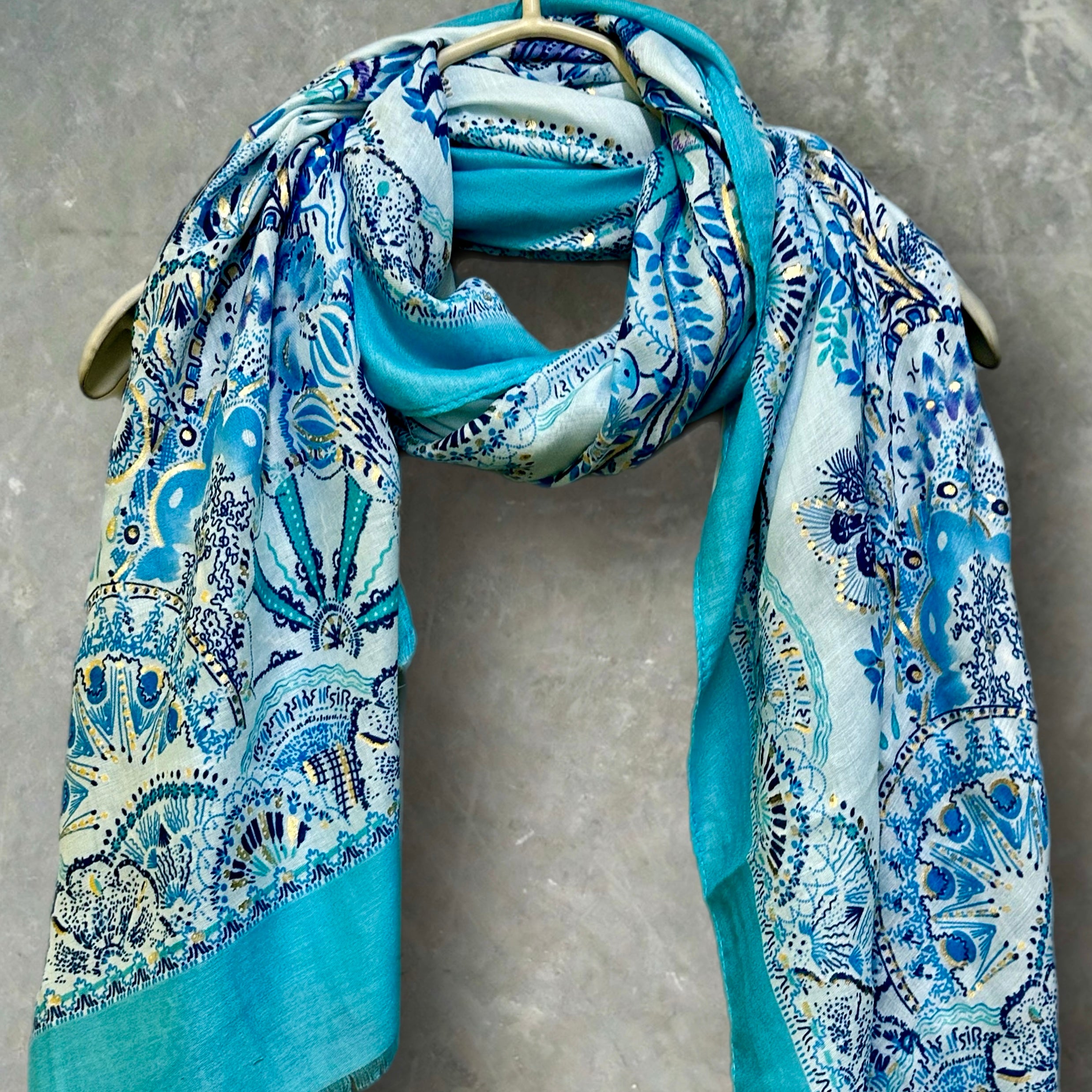 Sky Blue Sketch Tree Scarf with Blue Trim