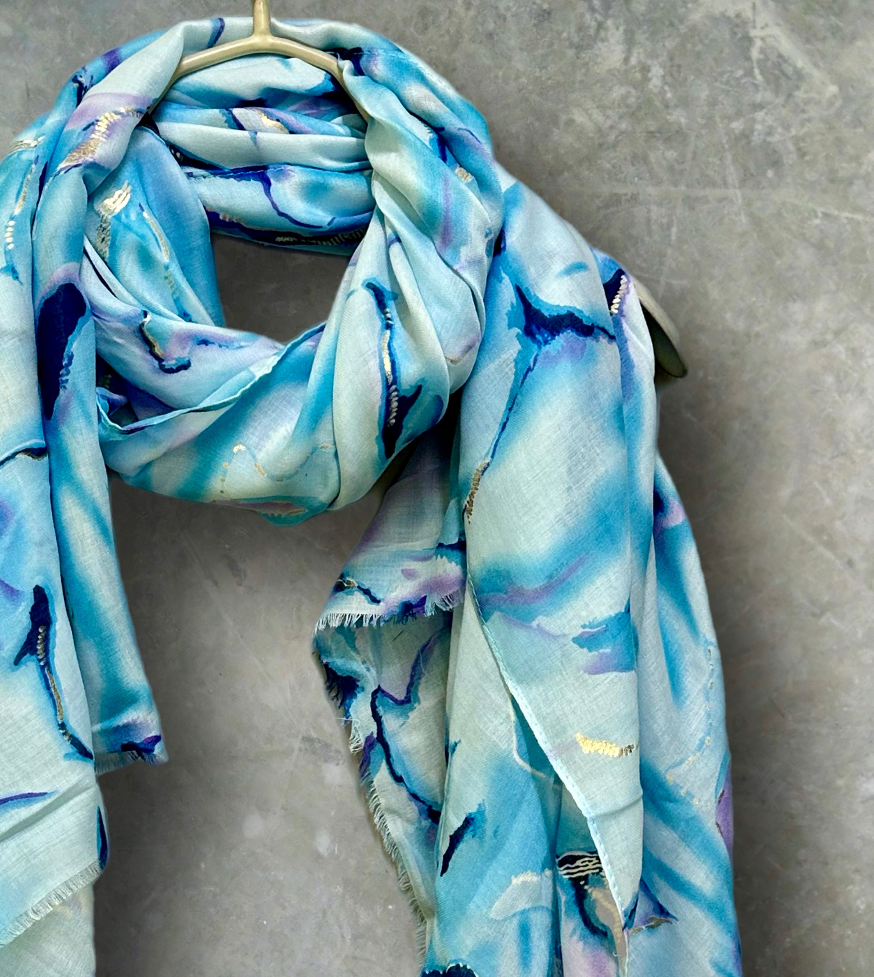 Blue Cotton Scarf for Women with Abstract Paint Splashes and Gold Accents