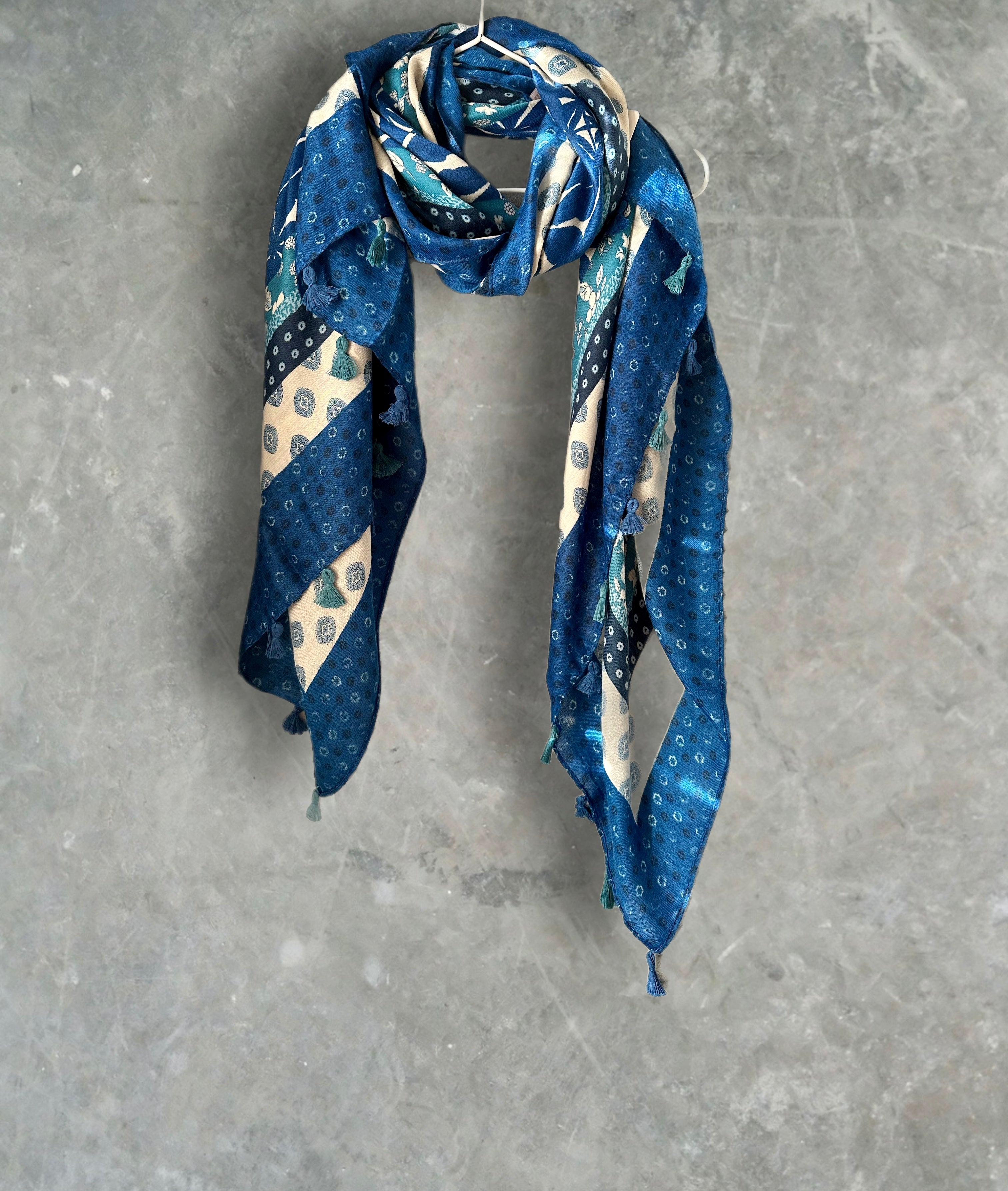 Bohemian Flowers Pattern with Tassels Blue Cotton Scarf
