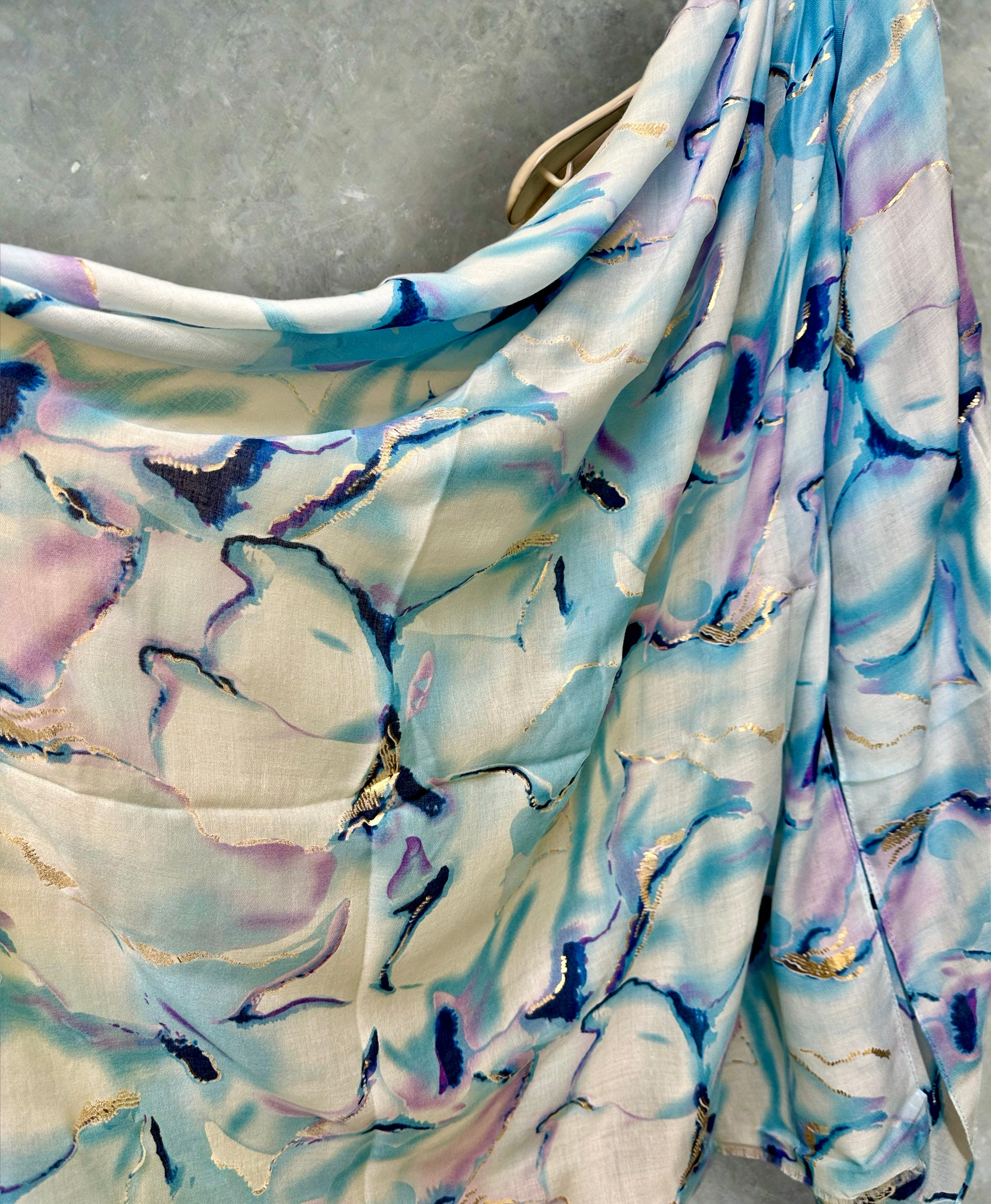 Blue Cotton Scarf for Women with Abstract Paint Splashes and Gold Accents