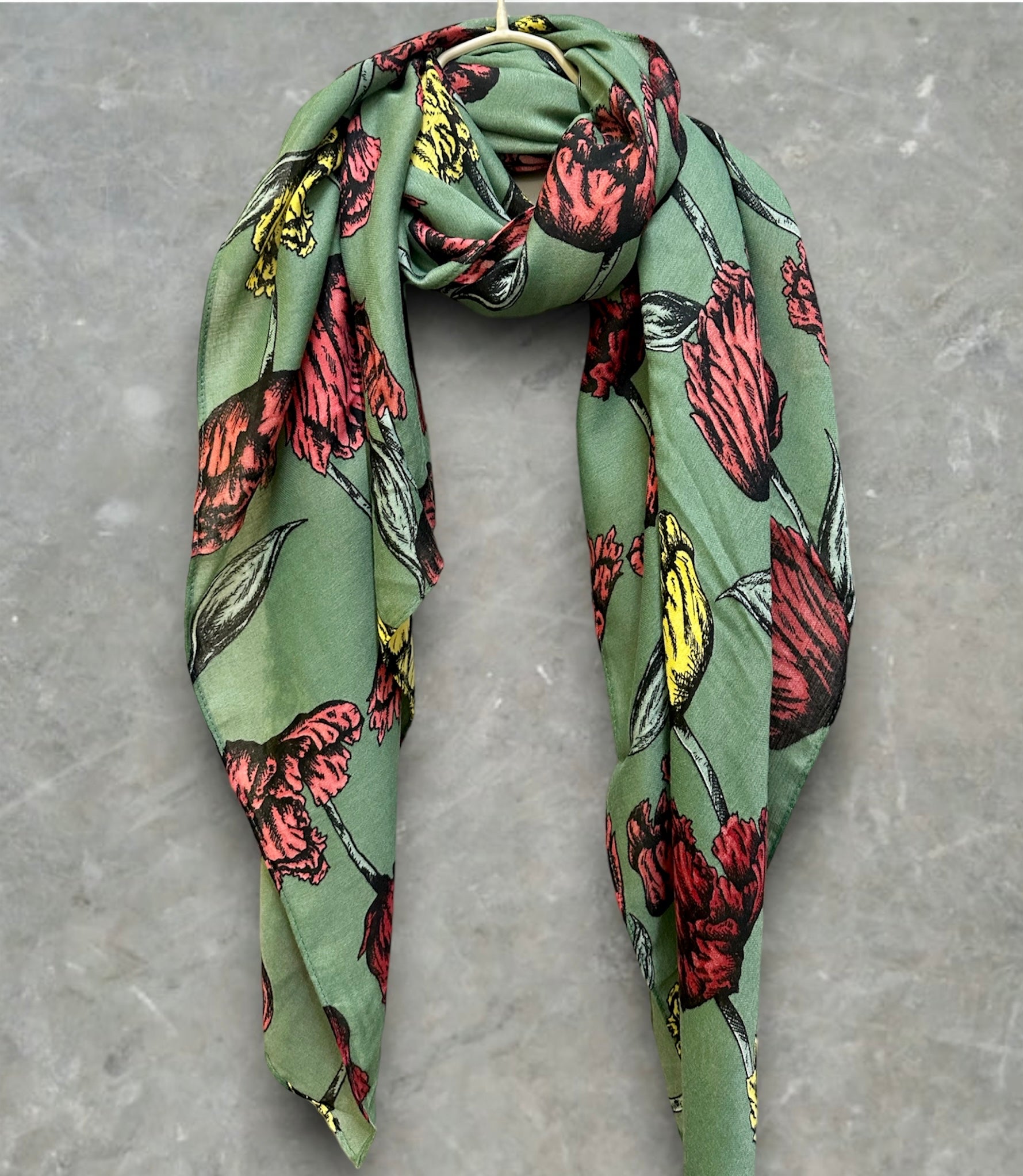 Green Cotton Scarf with Eco-Friendly Sketched Parrot Tulips Flower Design
