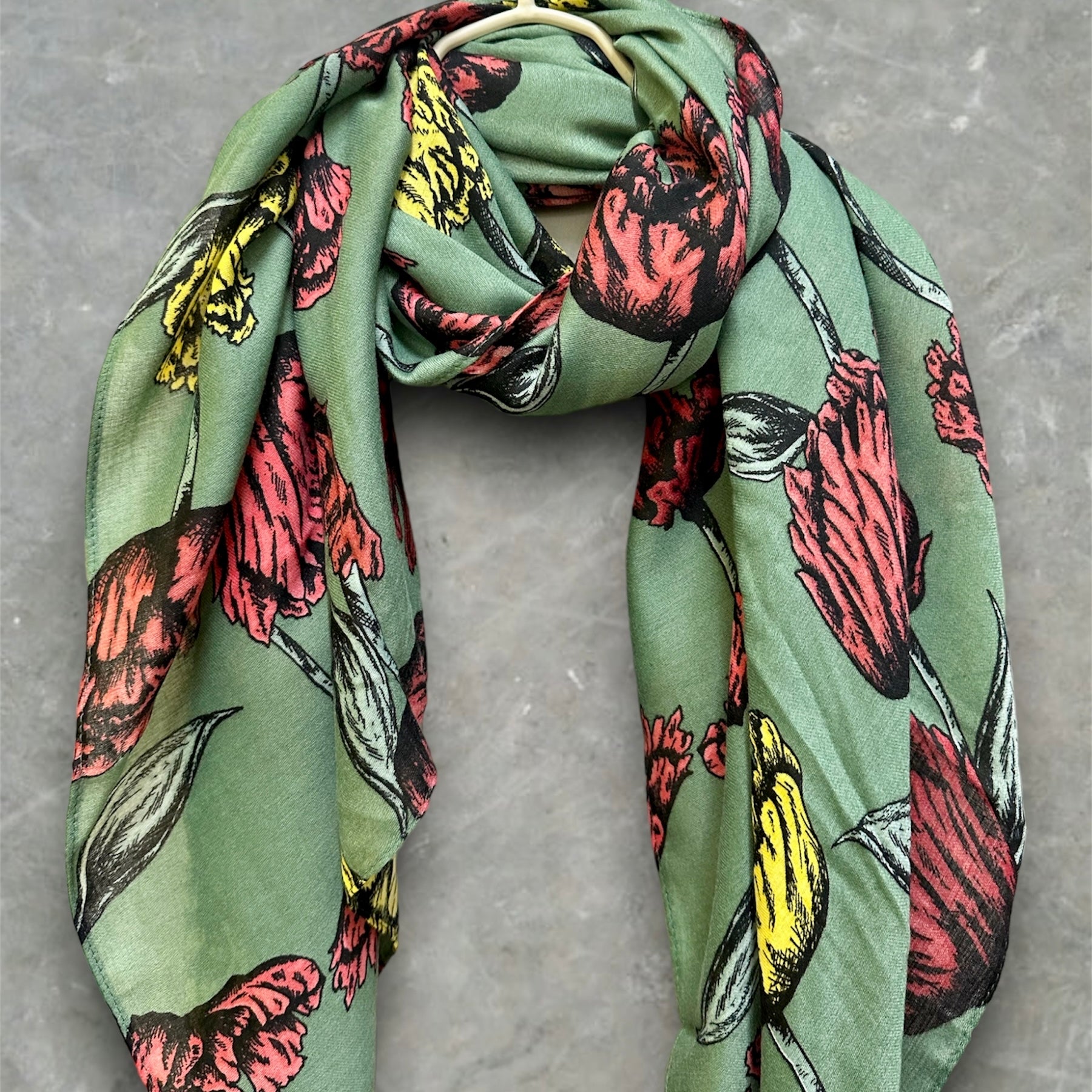 Green Cotton Scarf with Eco-Friendly Sketched Parrot Tulips Flower Design