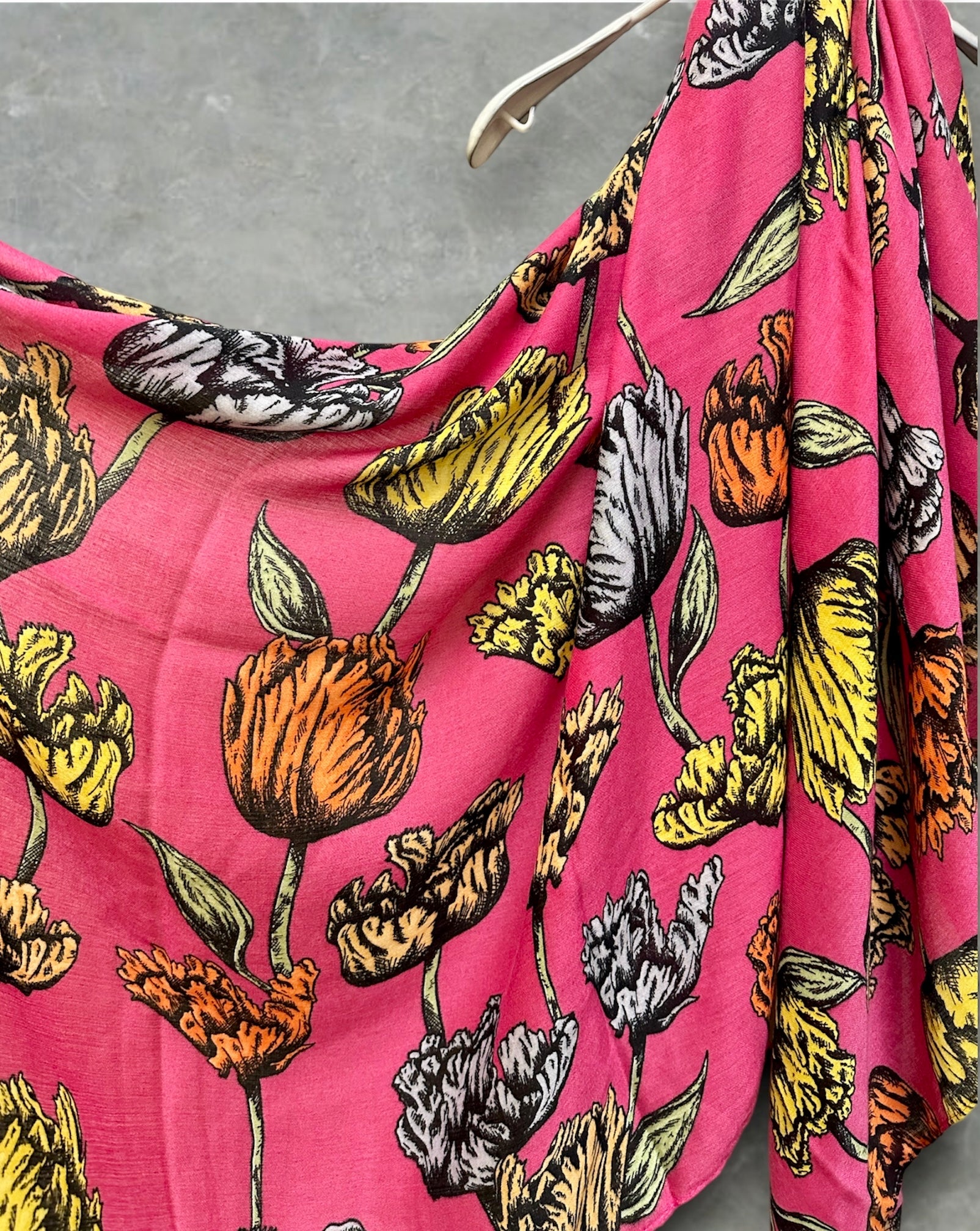 Pink Cotton Scarf with Eco-Friendly Sketched Parrot Tulips Flower Design