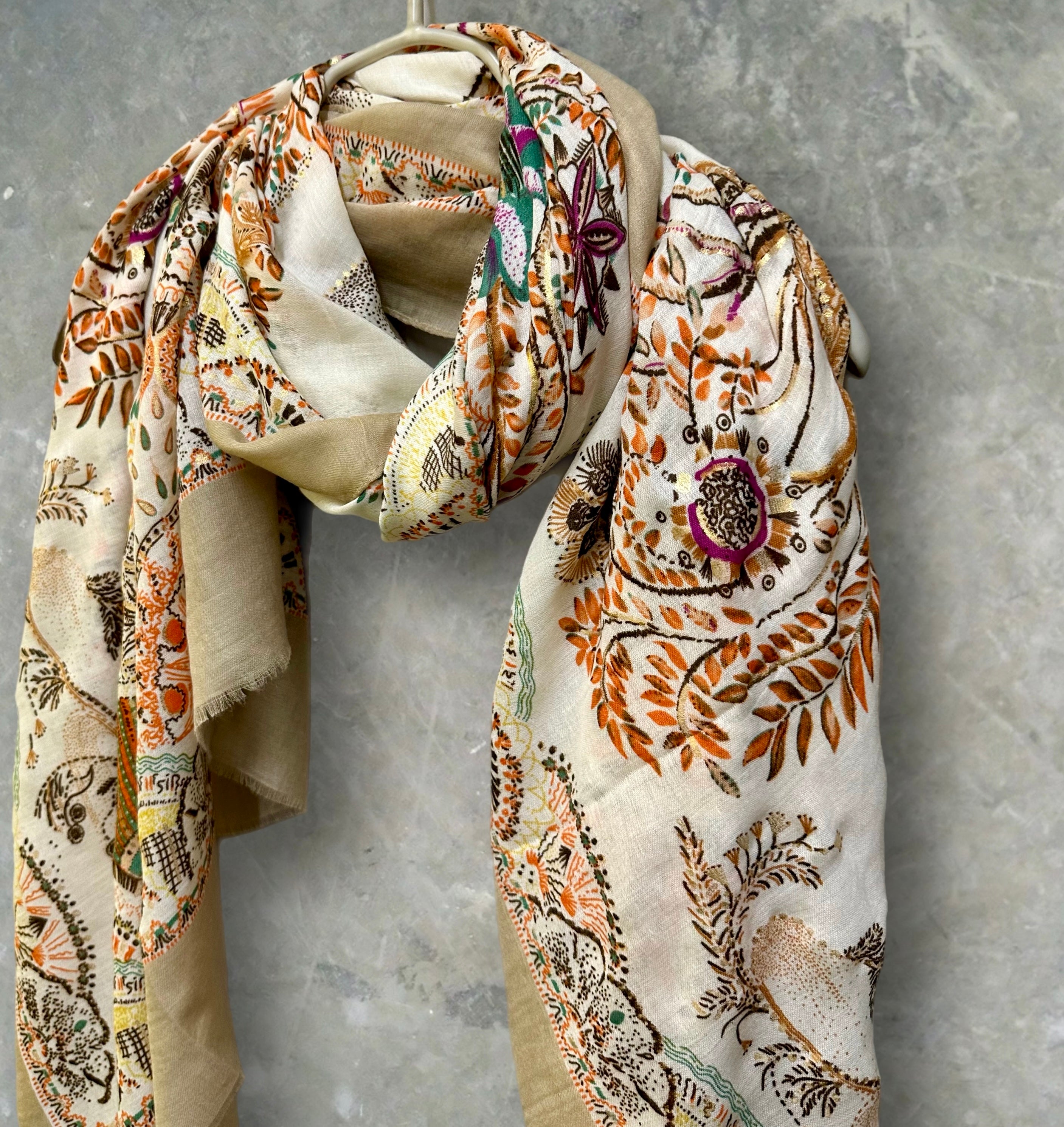 Off-White Sketch Tree Scarf with Brown Trim