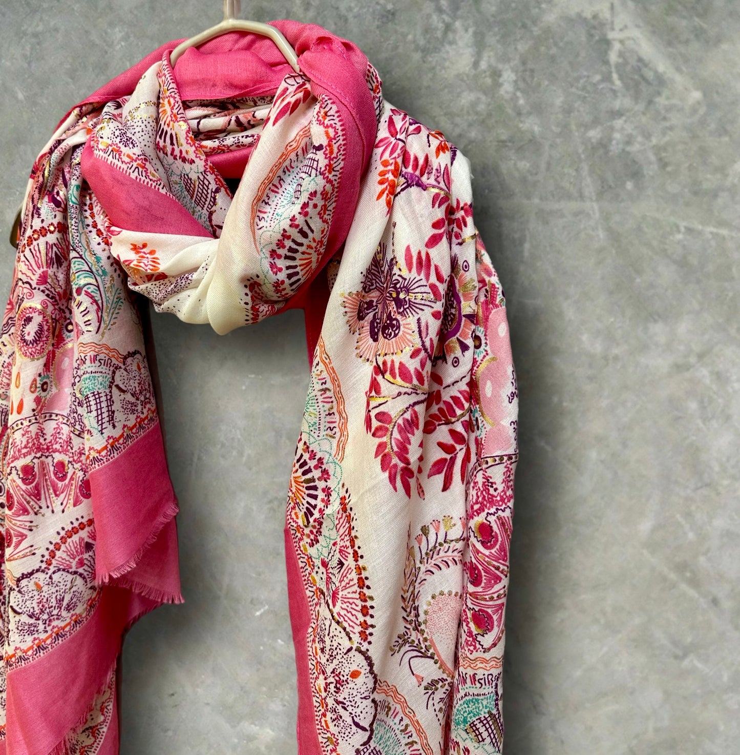 Bright Pink Sketch Tree Scarf with Pink Trim,Perfect for Women,All Seasons,Ideal Gifts for Her,Mom, Birthday and Christmas.