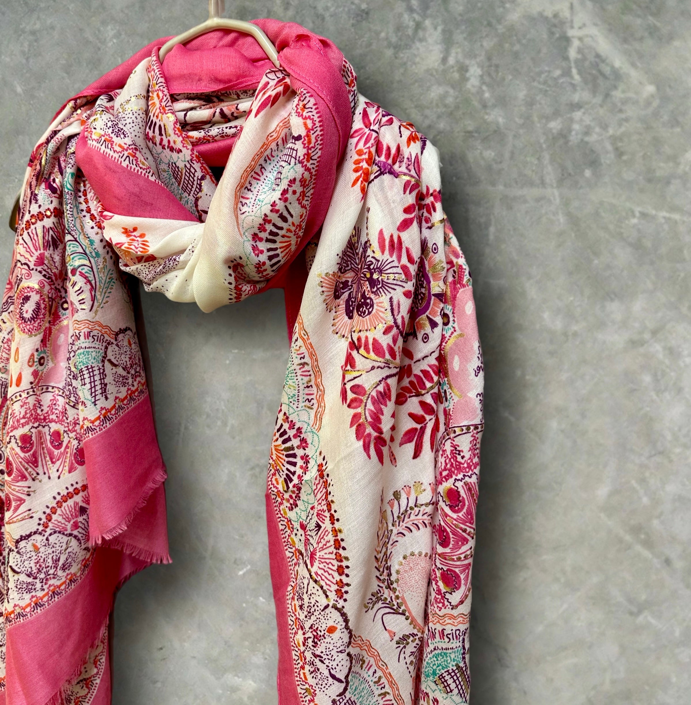 Bright Pink Sketch Tree Scarf with Pink Trim