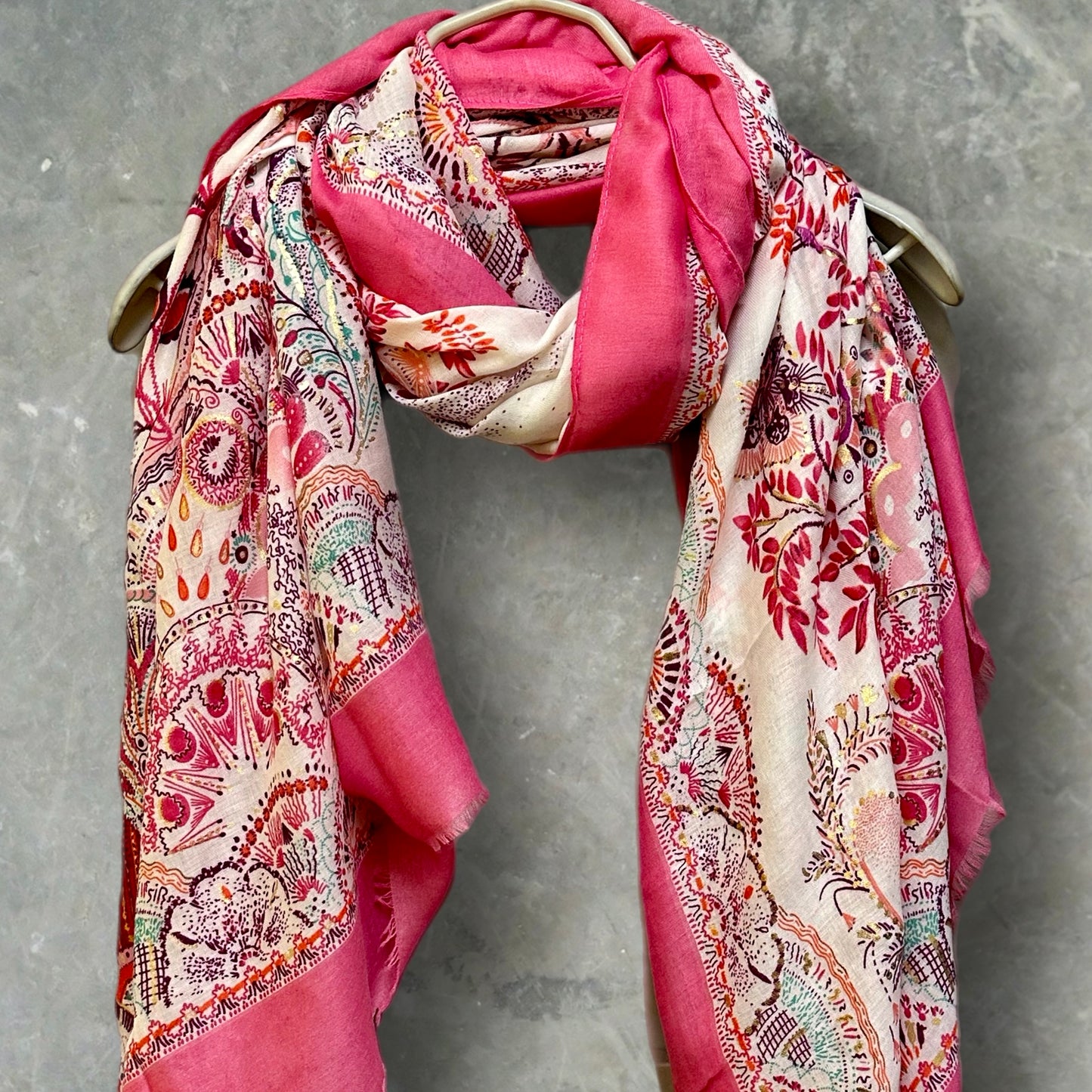 Bright Pink Sketch Tree Scarf with Pink Trim,Perfect for Women,All Seasons,Ideal Gifts for Her,Mom, Birthday and Christmas.