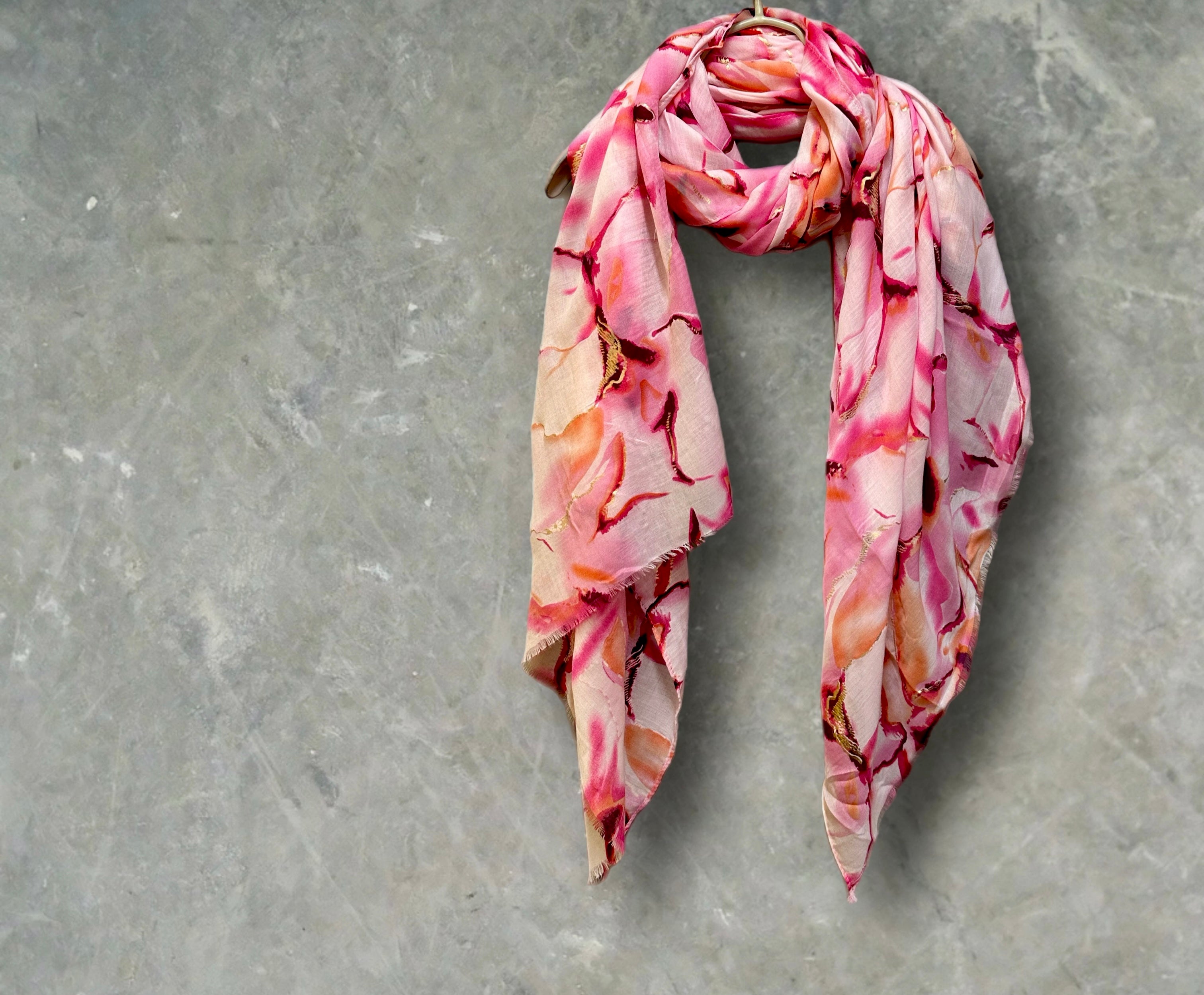 Pink Cotton Scarf for Women with Abstract Paint Splashes and Gold Accents