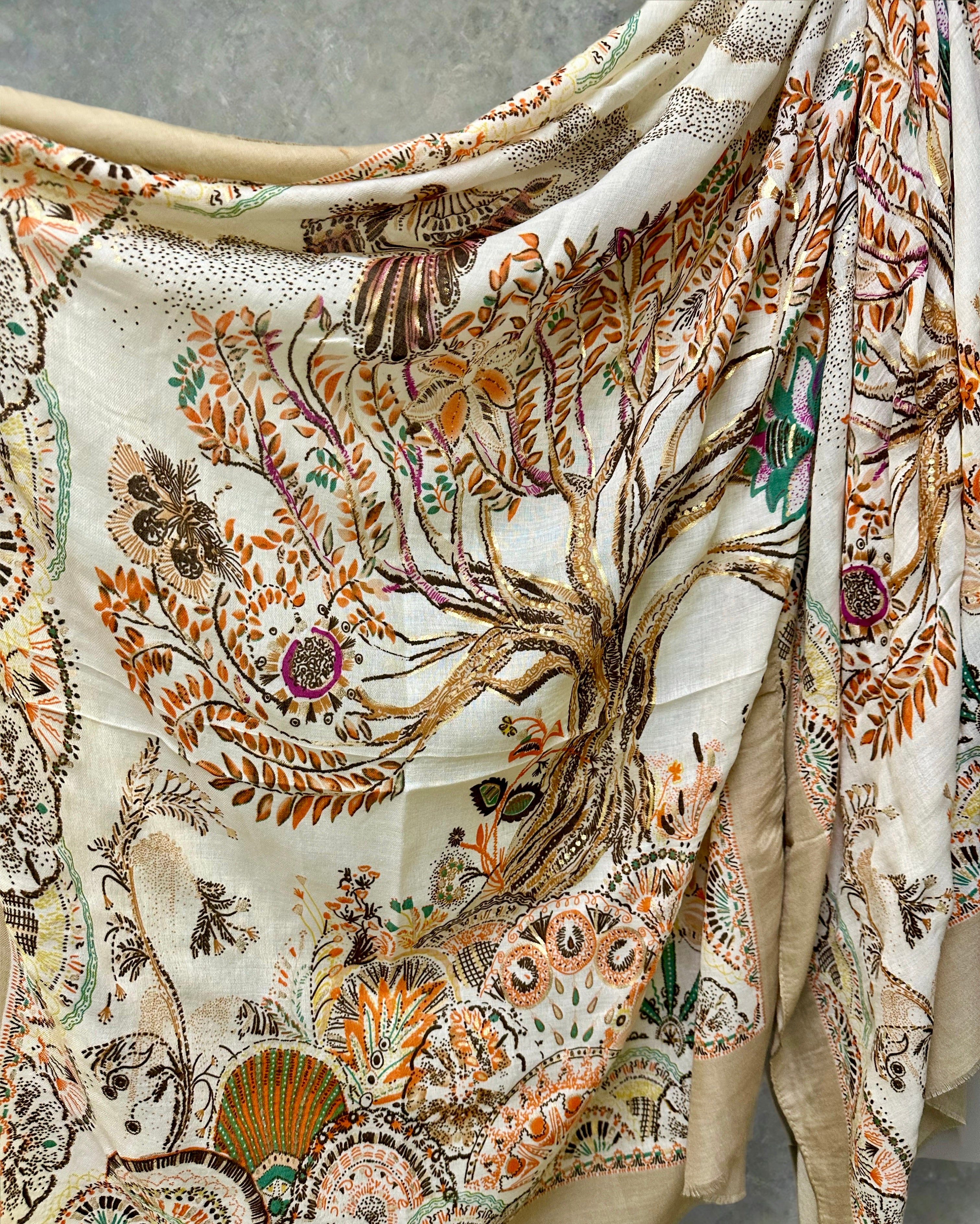 Off-White Sketch Tree Scarf with Brown Trim