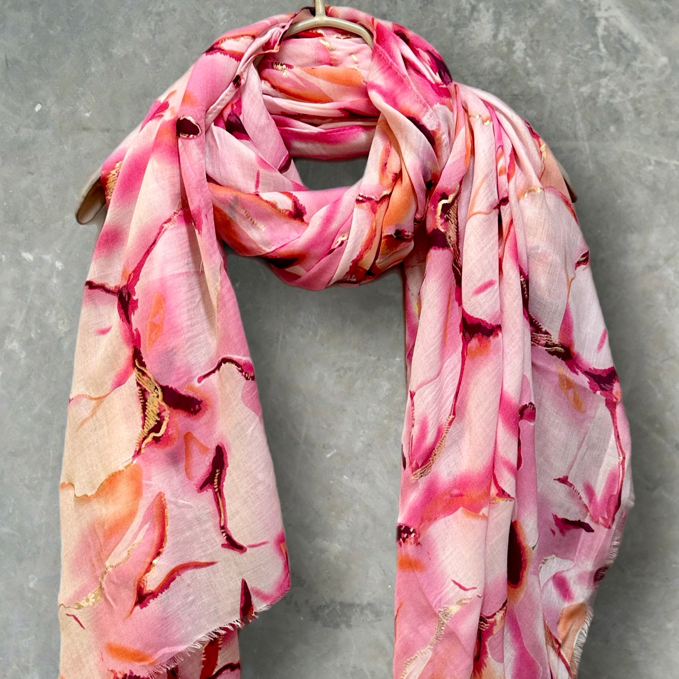 Pink Cotton Scarf for Women with Abstract Paint Splashes and Gold Accents