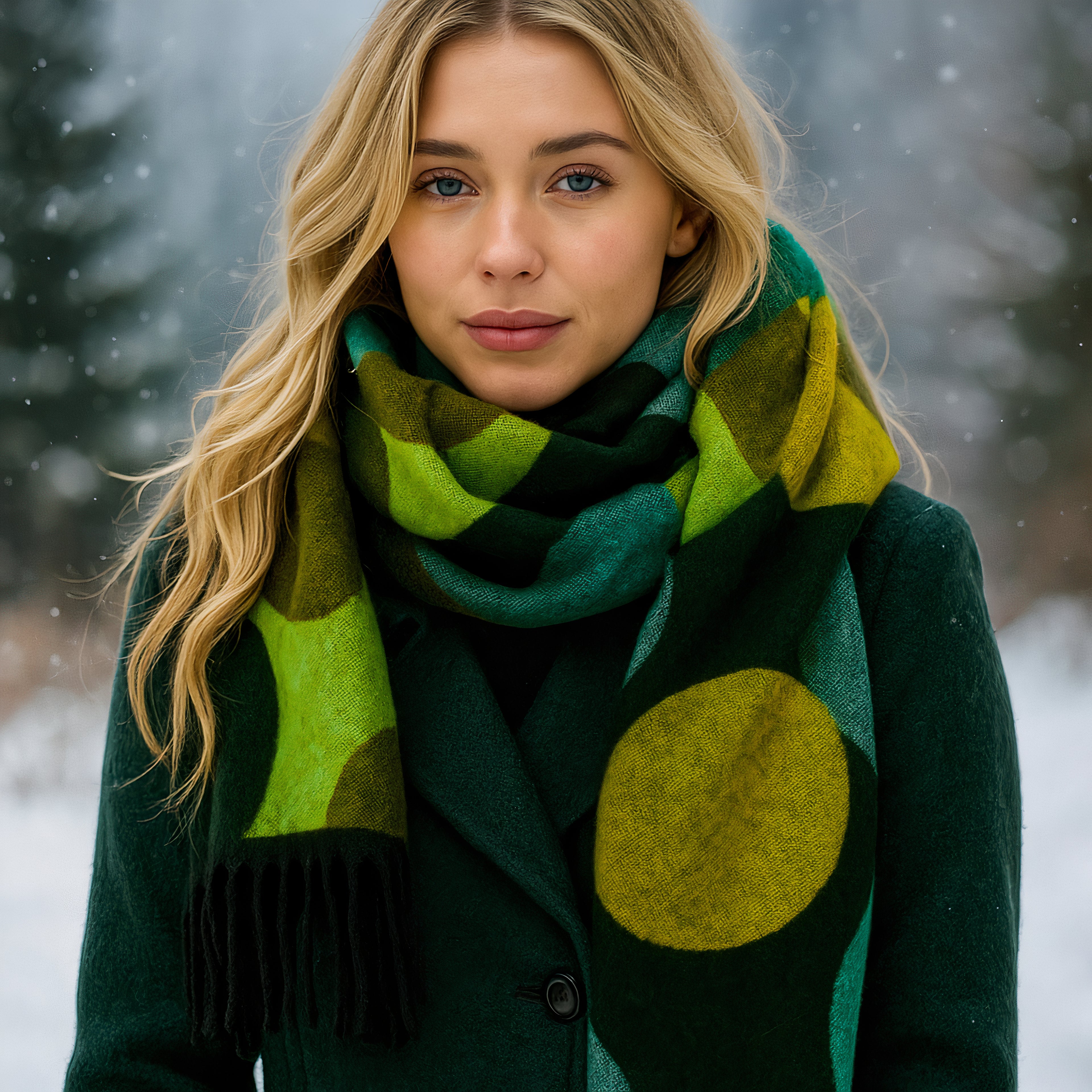 Bright Green Double-Sided Cashmere Winter Scarf with Polka Dots design