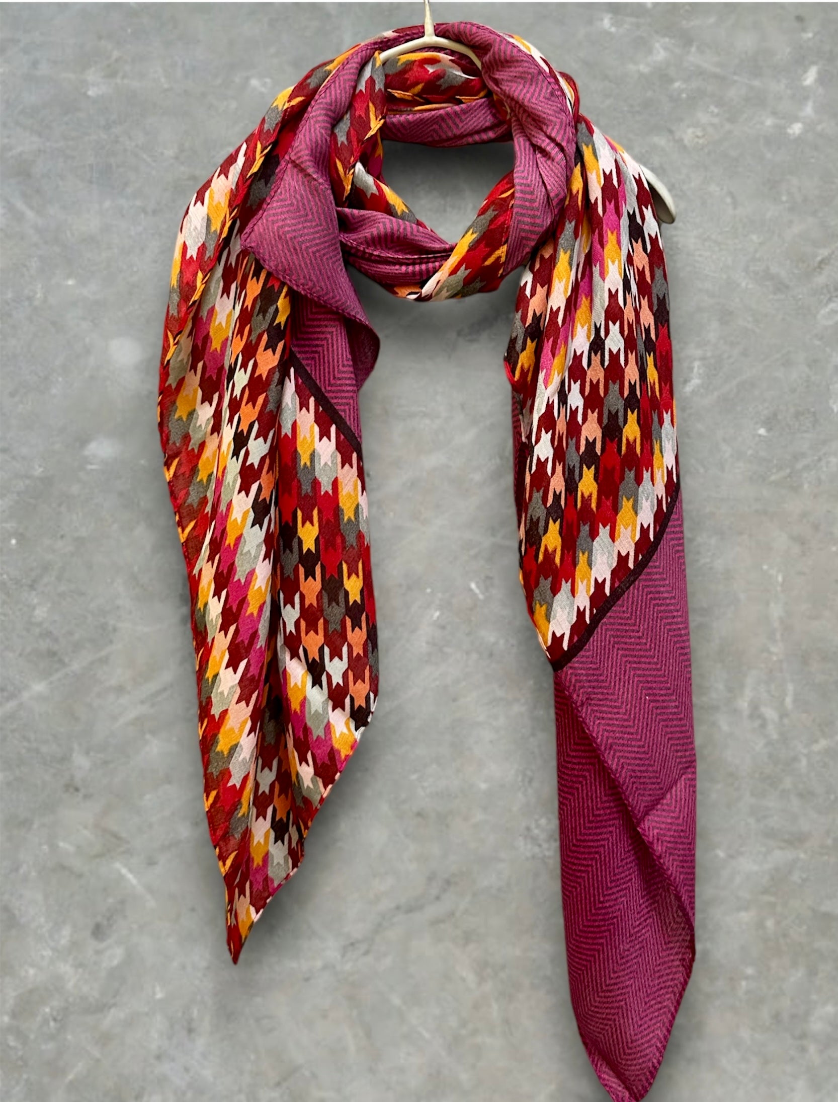 ECO Friendly Houndstooth Pattern Cotton Blend In Dark Pink Scarf