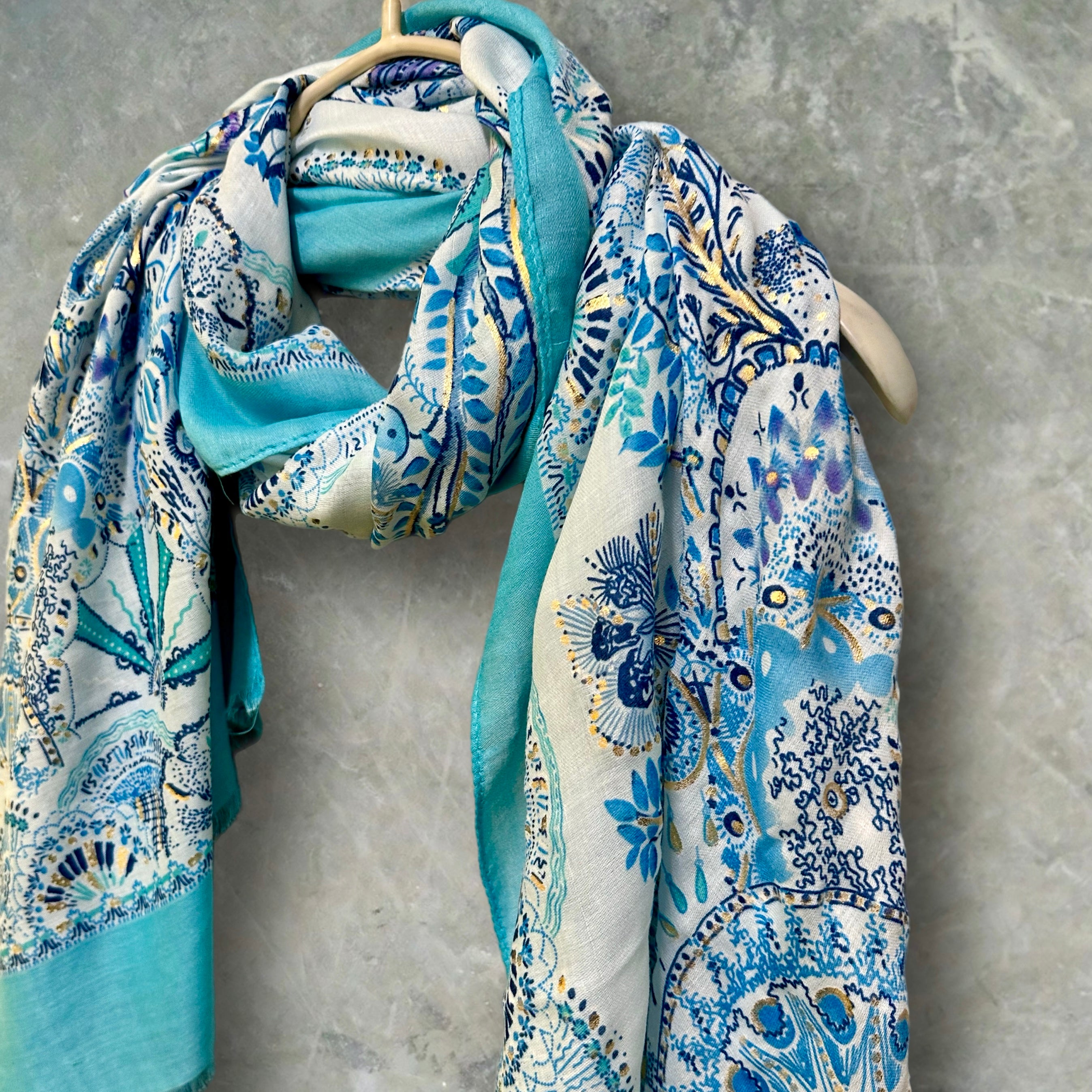 Sky Blue Sketch Tree Scarf with Blue Trim