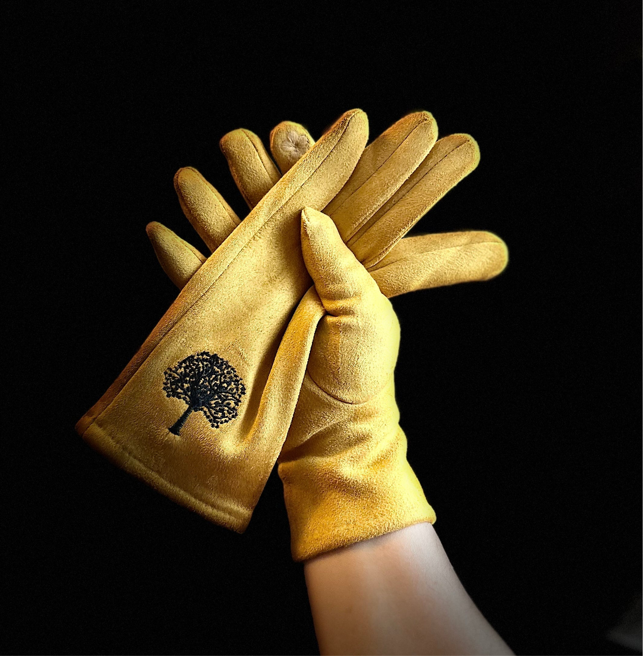Mustard Yellow Gloves with Embroidery Mulberry Tree for Women