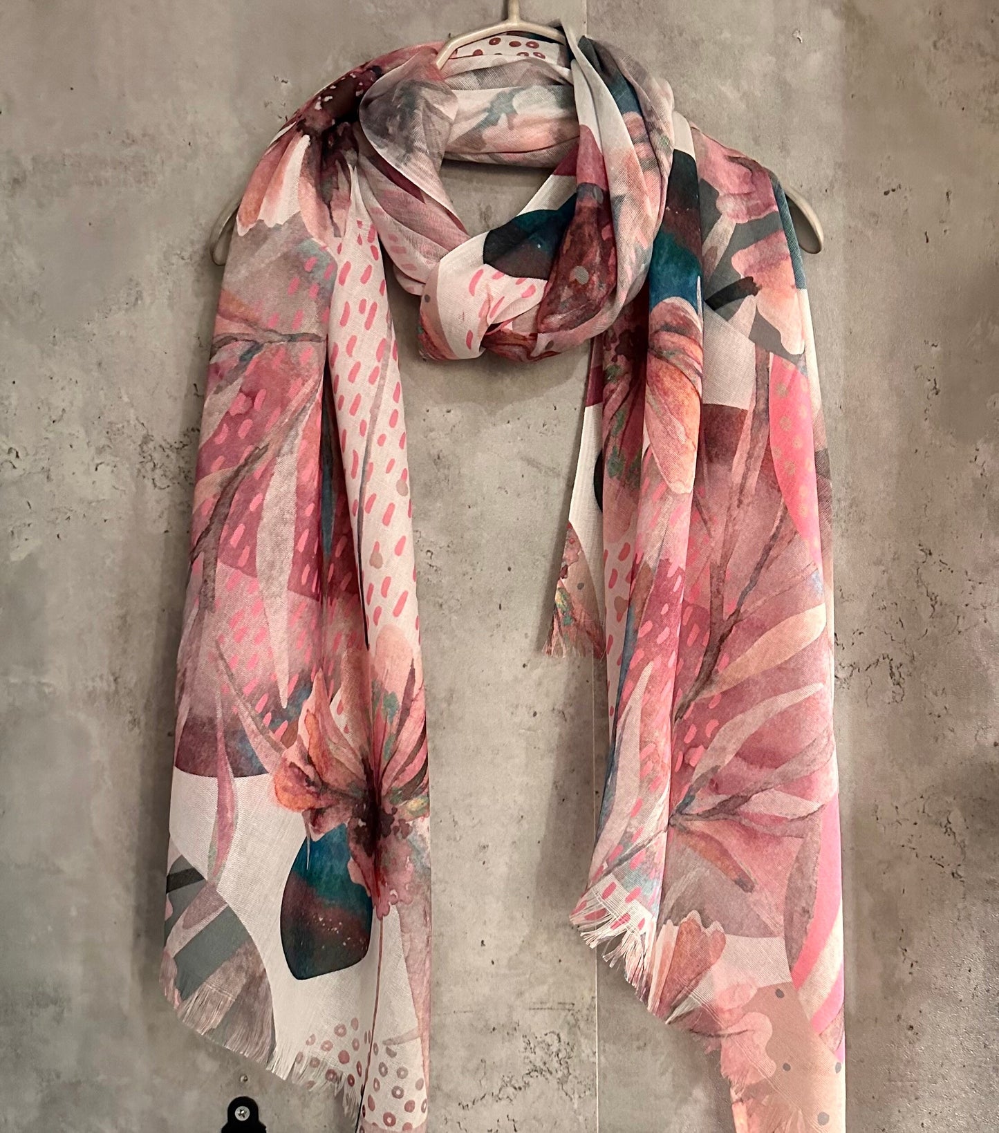 Large Watercolour Flowers Scarf,Organic Cotton Blend Scarf In Purple Pink