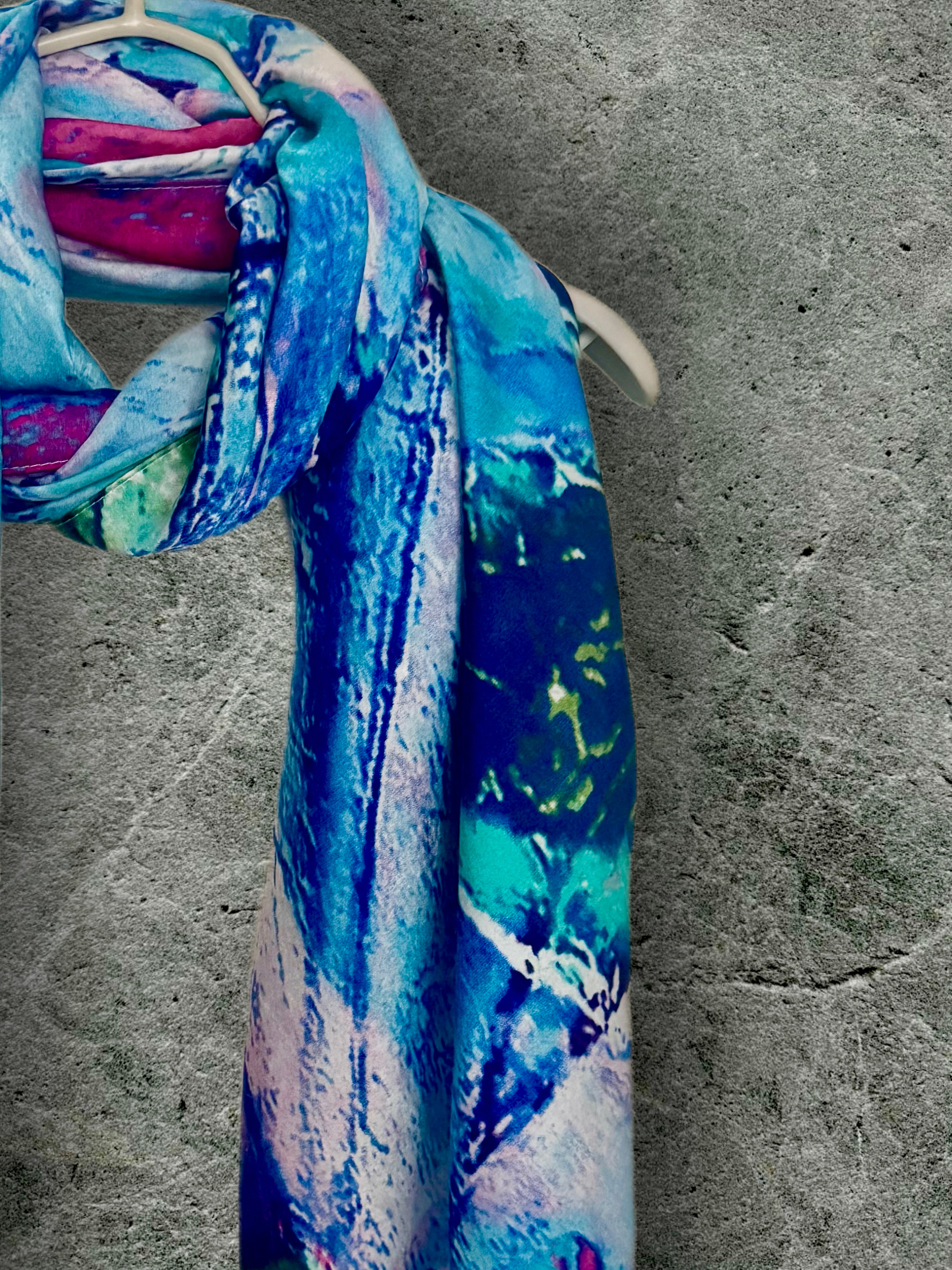 Vibrant Abstract Silk Shawl in Blue Tones,Colorful Modern Art Scarf for Women,Unique Gift for Art Lovers,Birthday,Mom or Christmas
