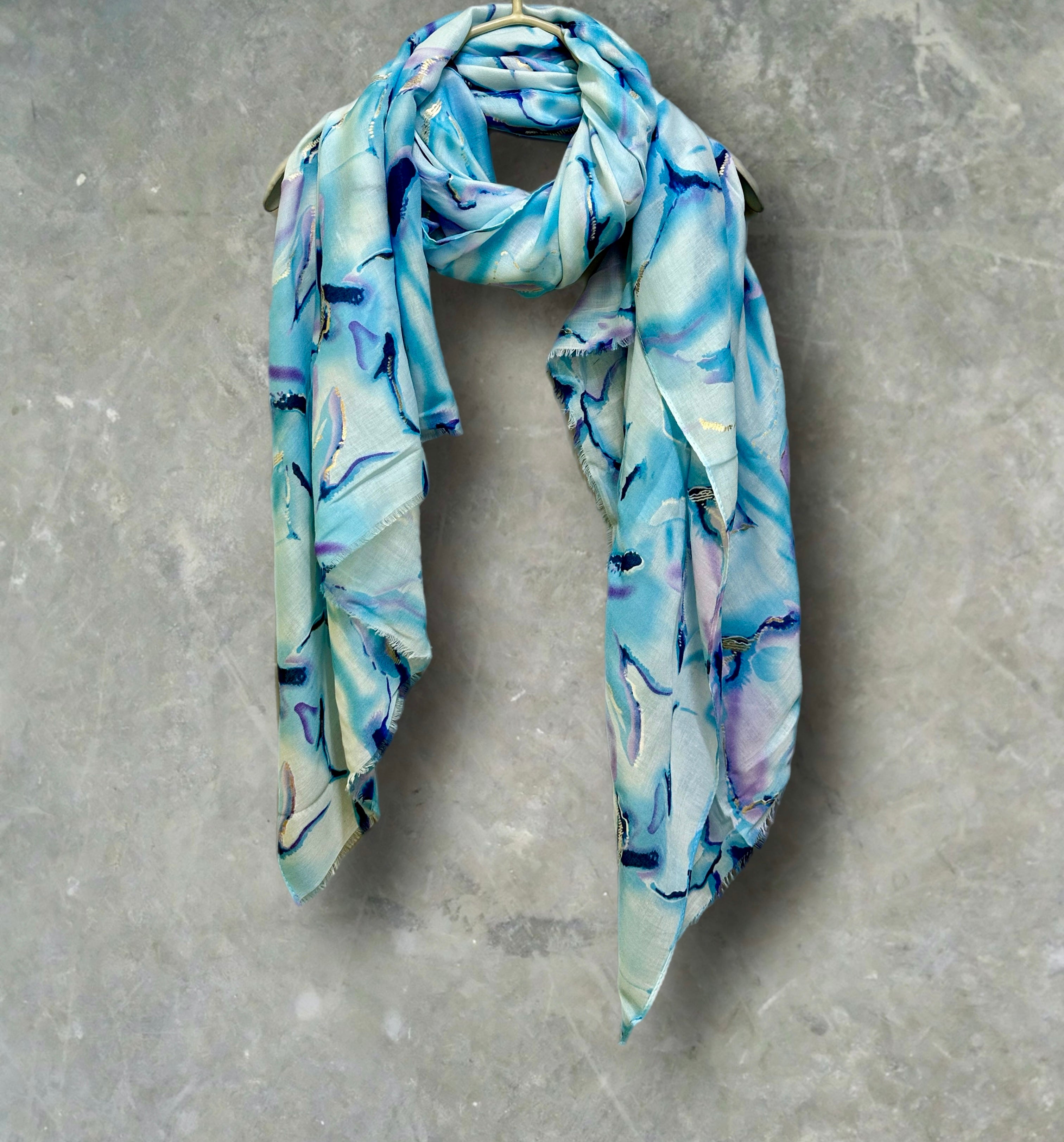 Blue Cotton Scarf for Women with Abstract Paint Splashes and Gold Accents