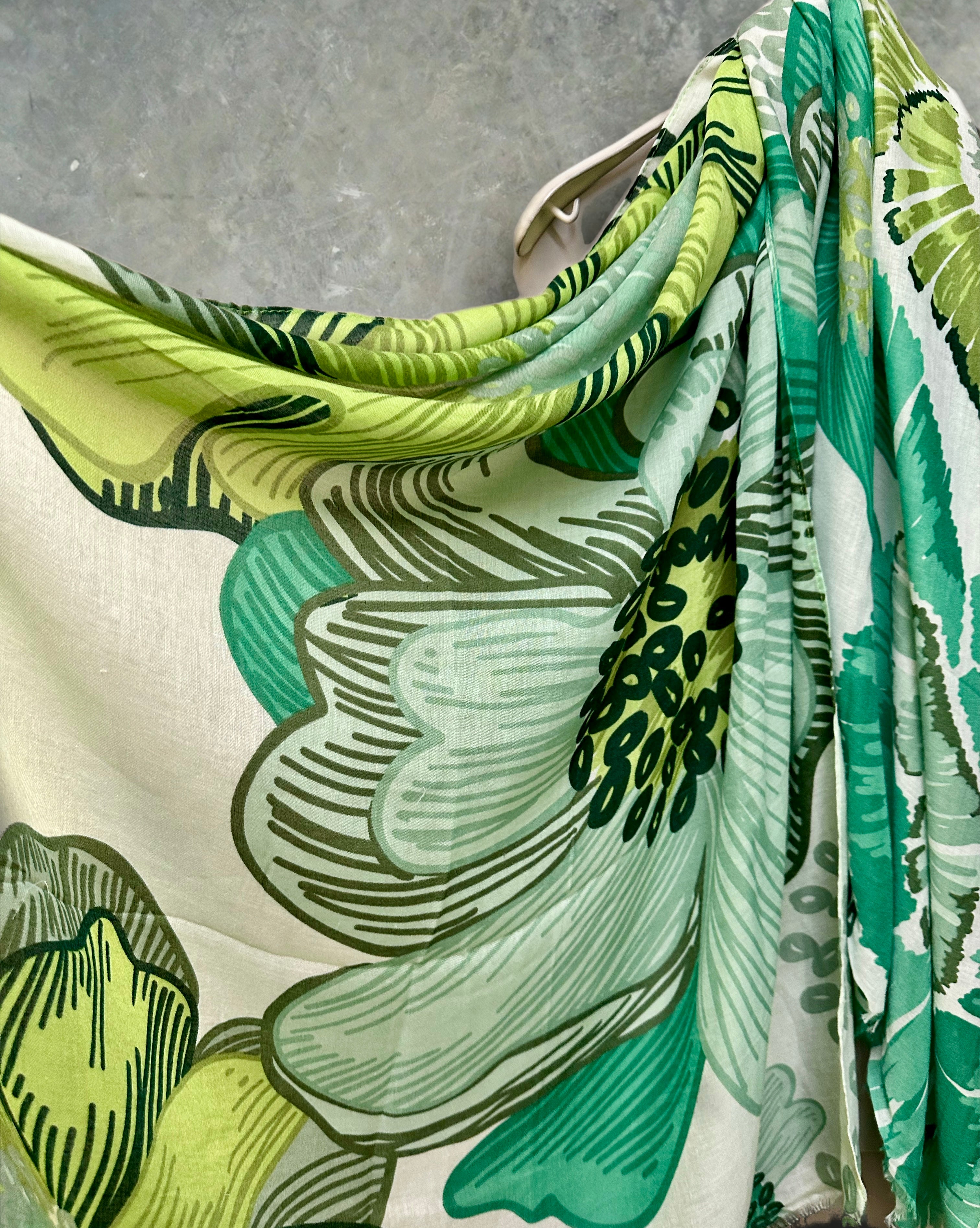 Stunning Green Scarf Featuring Huge Sketched Flowers
