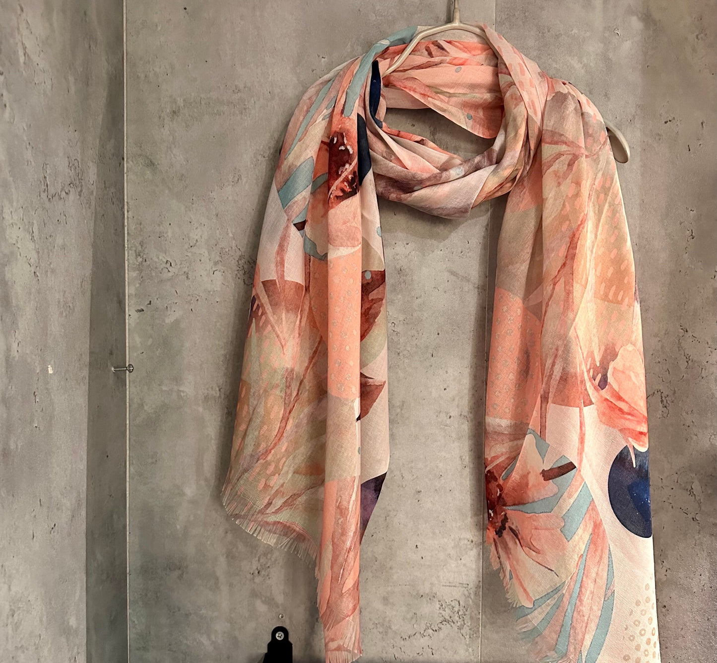 Large Watercolour Flowers Scarf,Organic Cotton Blend Scarf In Beige