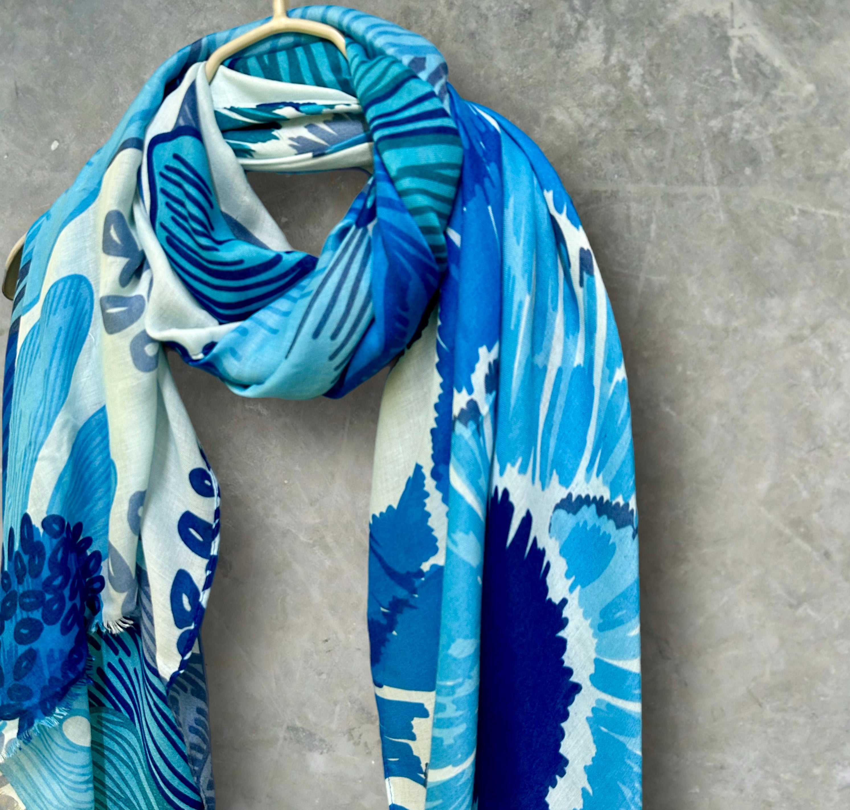 Stunning Blue Scarf Featuring Huge Sketched Flowers
