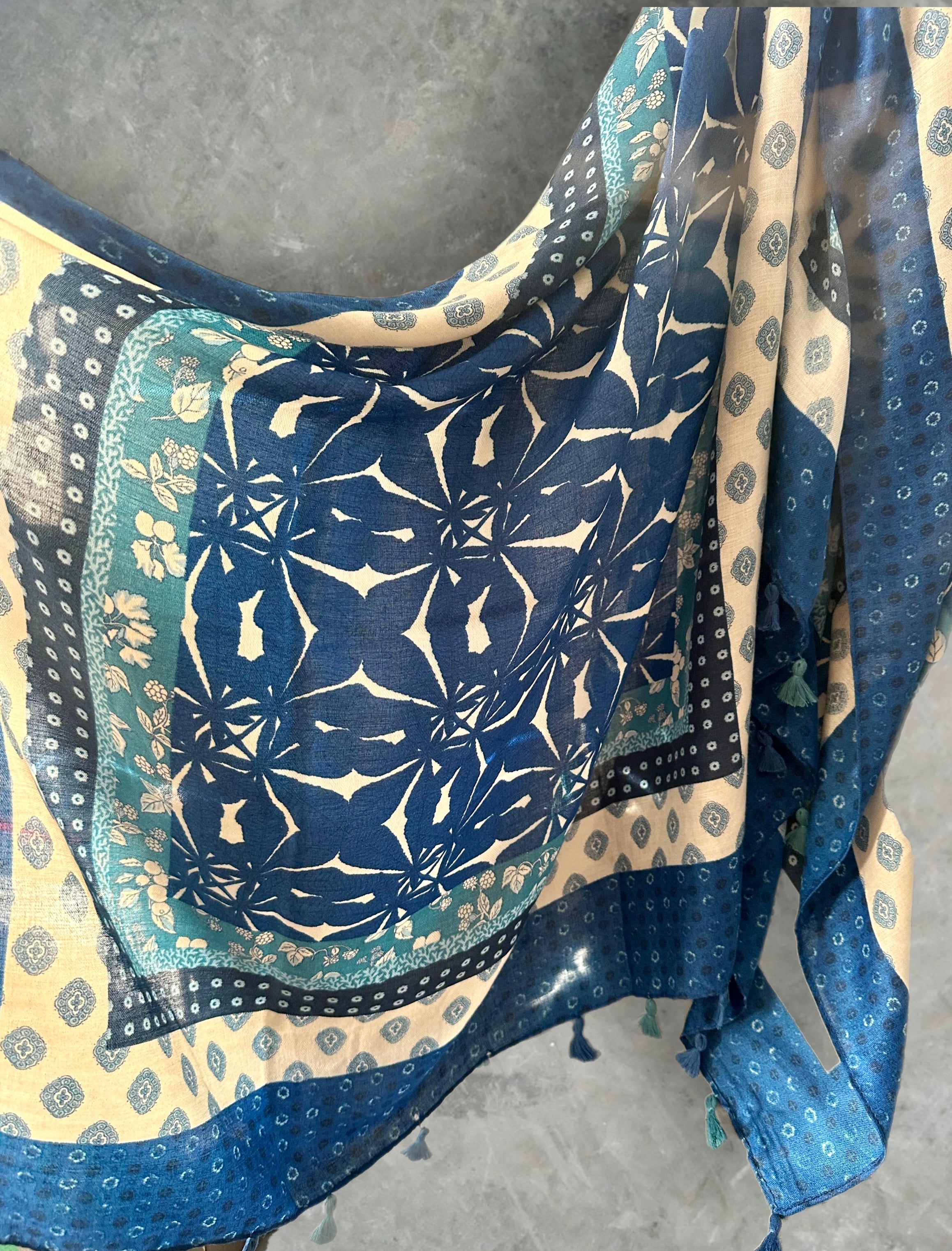 Bohemian Flowers Pattern with Tassels Blue Cotton Scarf
