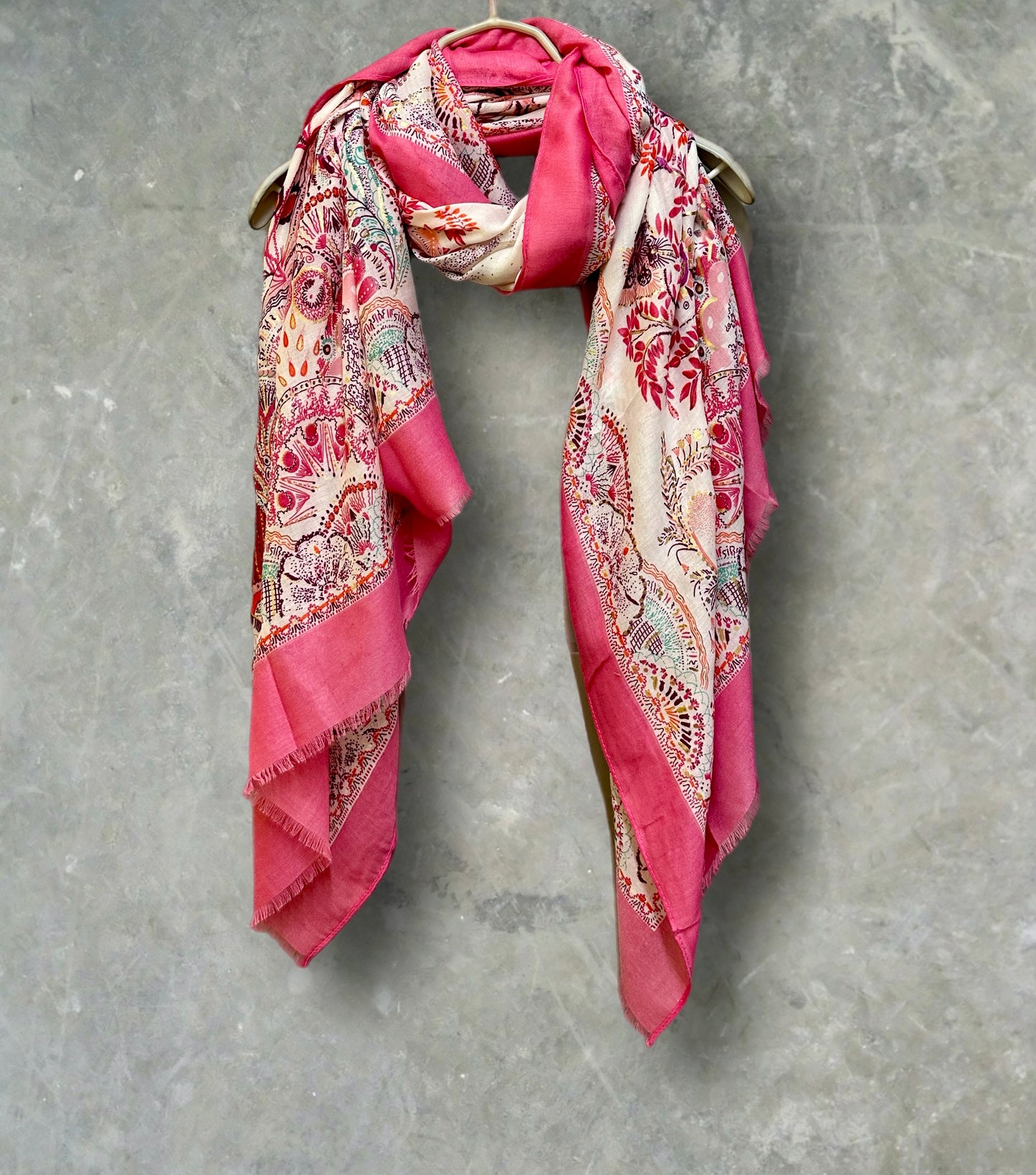 Bright Pink Sketch Tree Scarf with Pink Trim,Perfect for Women,All Seasons,Ideal Gifts for Her,Mom, Birthday and Christmas.