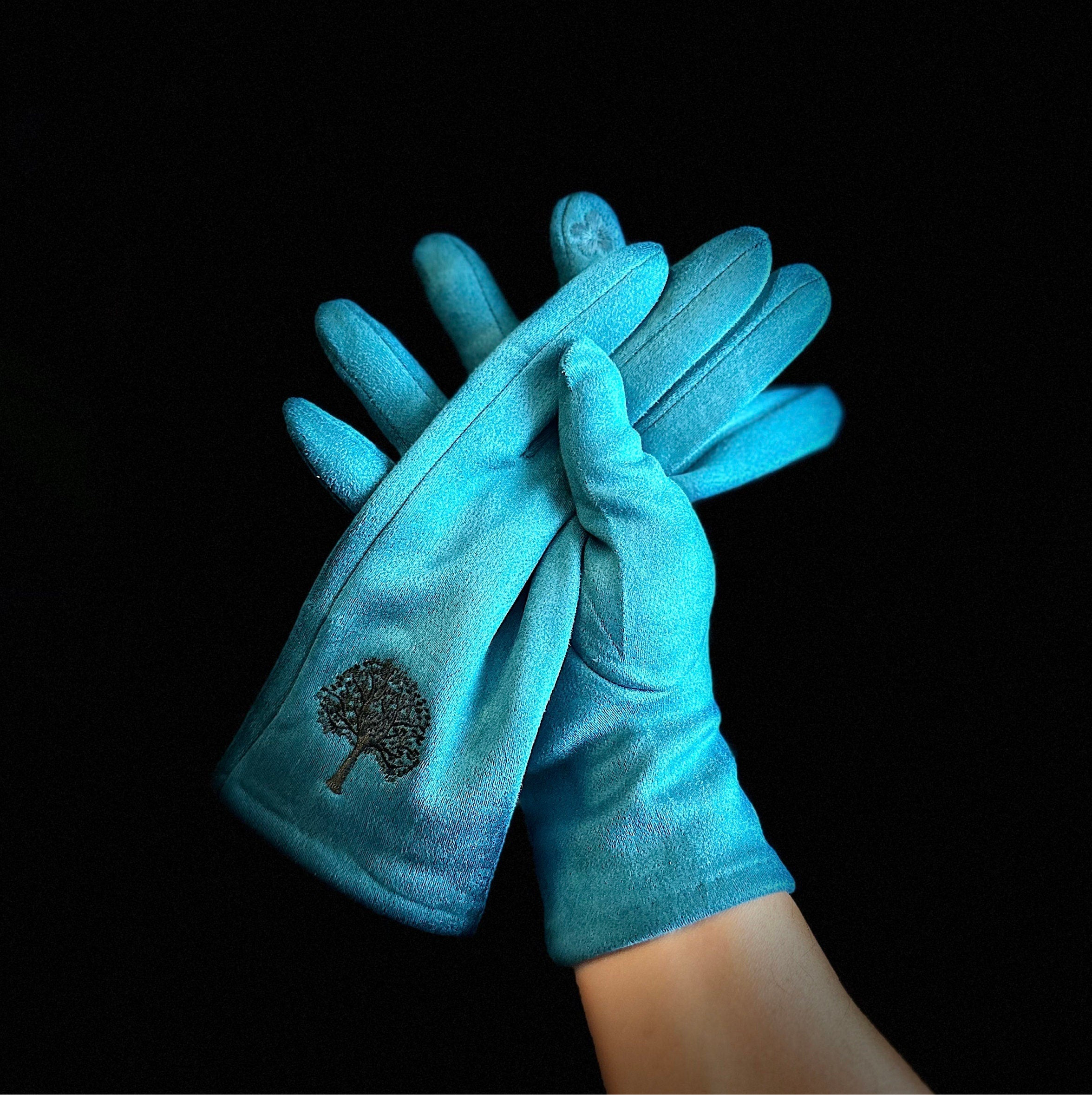 Teal Blue Gloves with Embroidery Mulberry Tree for Women