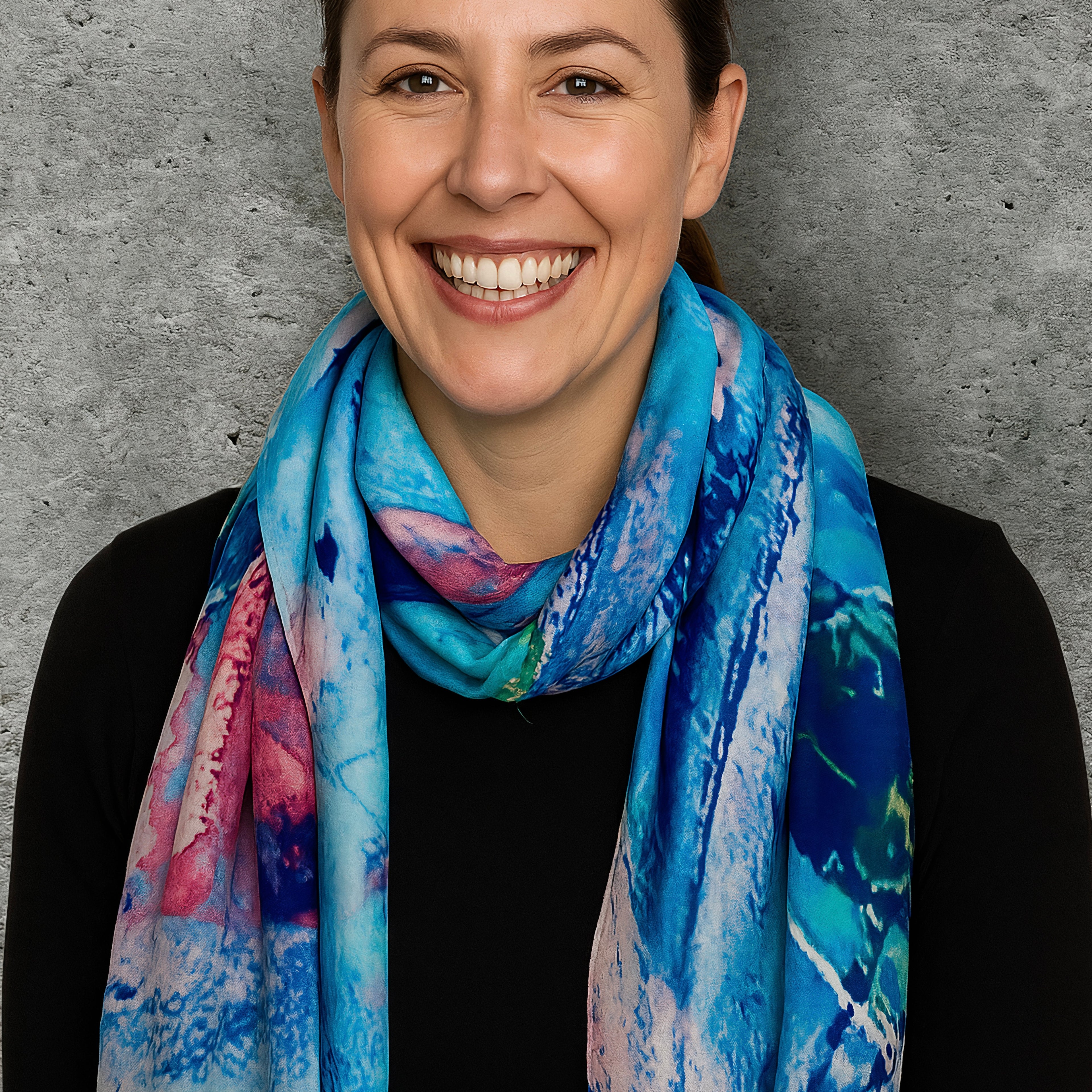 Vibrant Abstract Silk Shawl in Blue Tones,Colorful Modern Art Scarf for Women,Unique Gift for Art Lovers,Birthday,Mom or Christmas