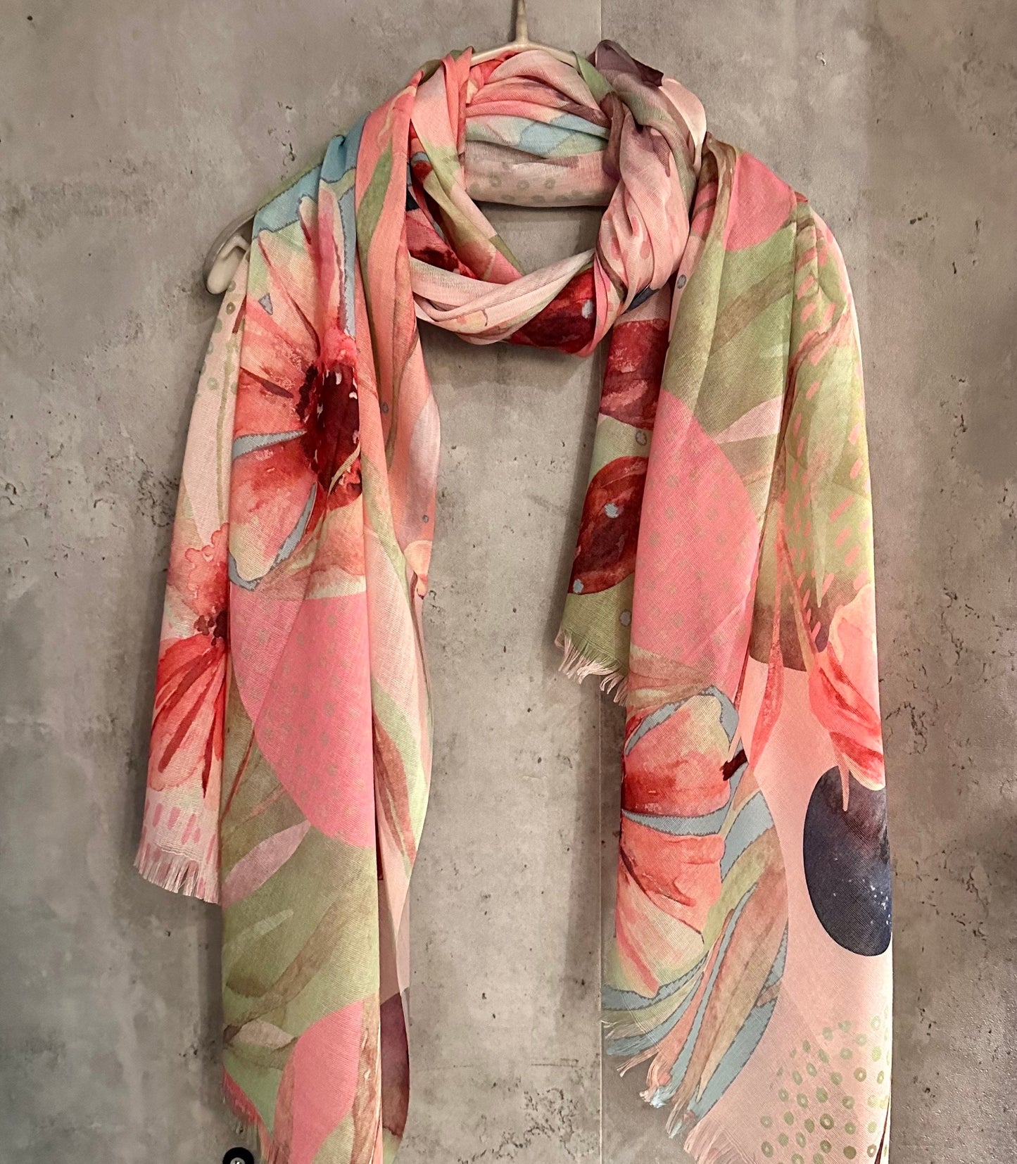 Large Watercolour Flowers Scarf,Organic Cotton Blend Scarf In Pink Blue.
