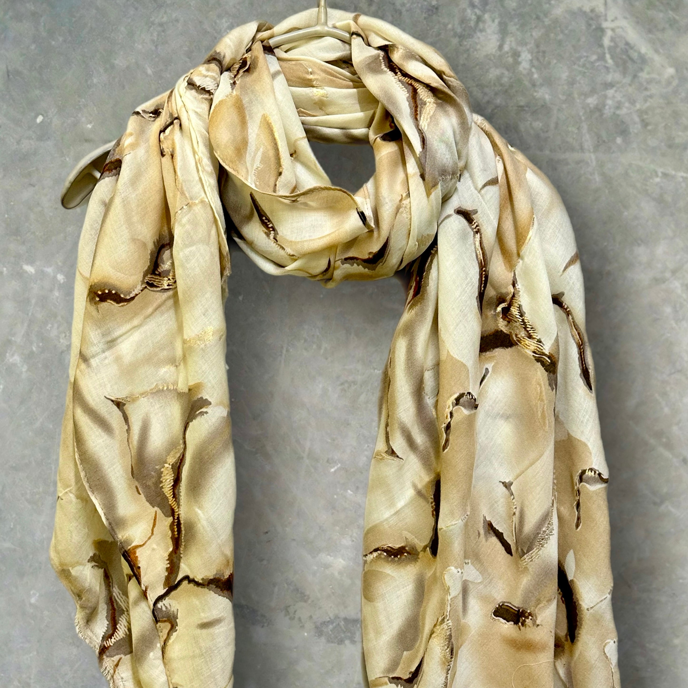 Beige Cotton Scarf for Women with Abstract Paint Splashes and Gold Accents