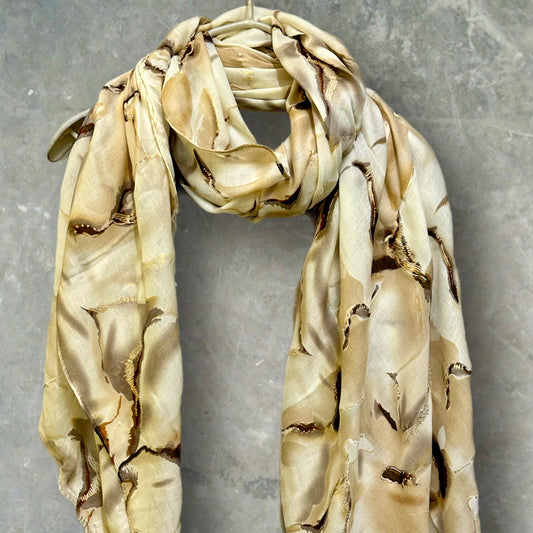 Beige Cotton Scarf for Women with Abstract Paint Splashes and Gold Accents,All-Season Gifts for Her,Mom,Birthday and Christmas.