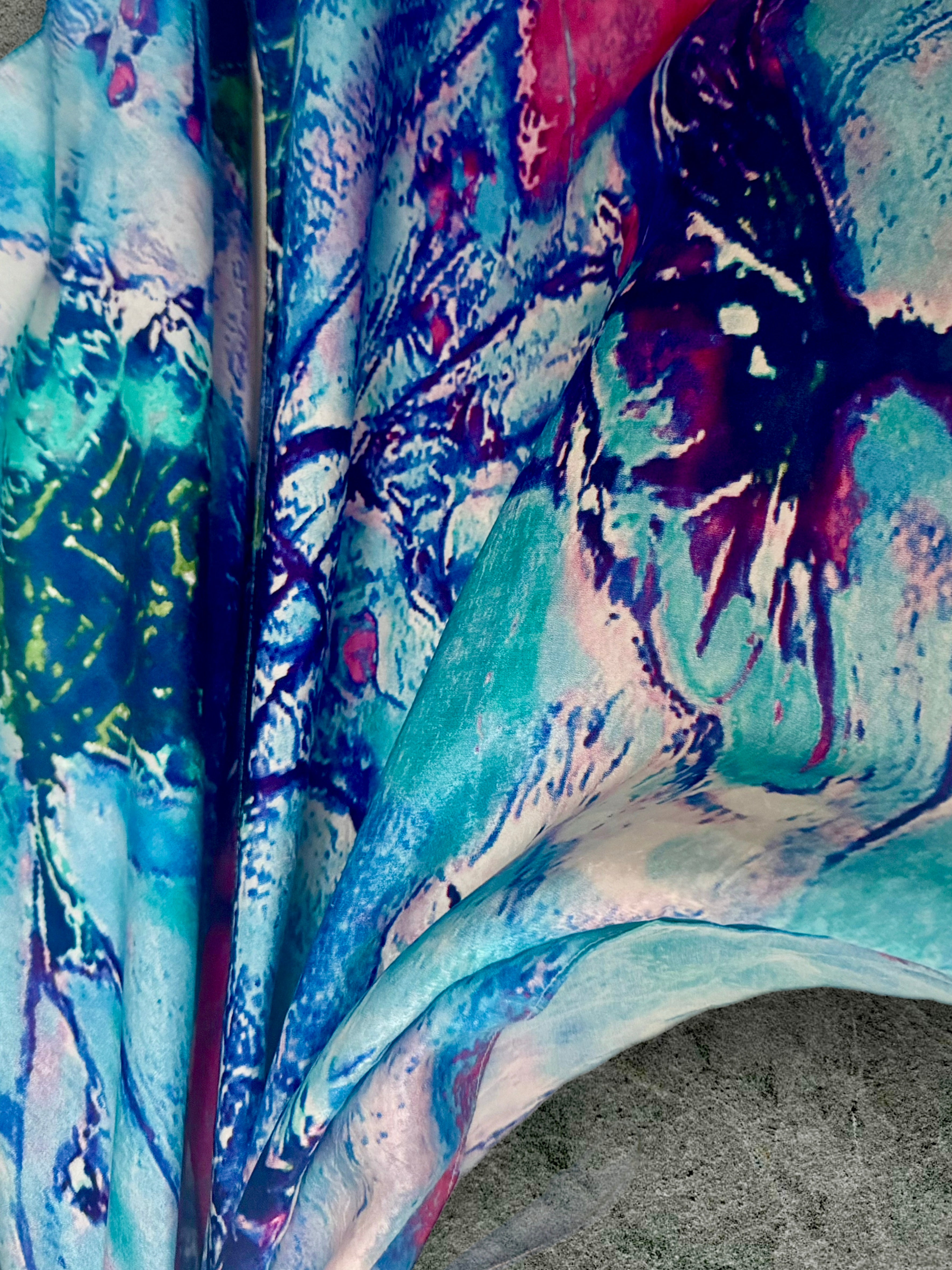 Vibrant Abstract Silk Shawl in Blue Tones,Colorful Modern Art Scarf for Women,Unique Gift for Art Lovers,Birthday,Mom or Christmas