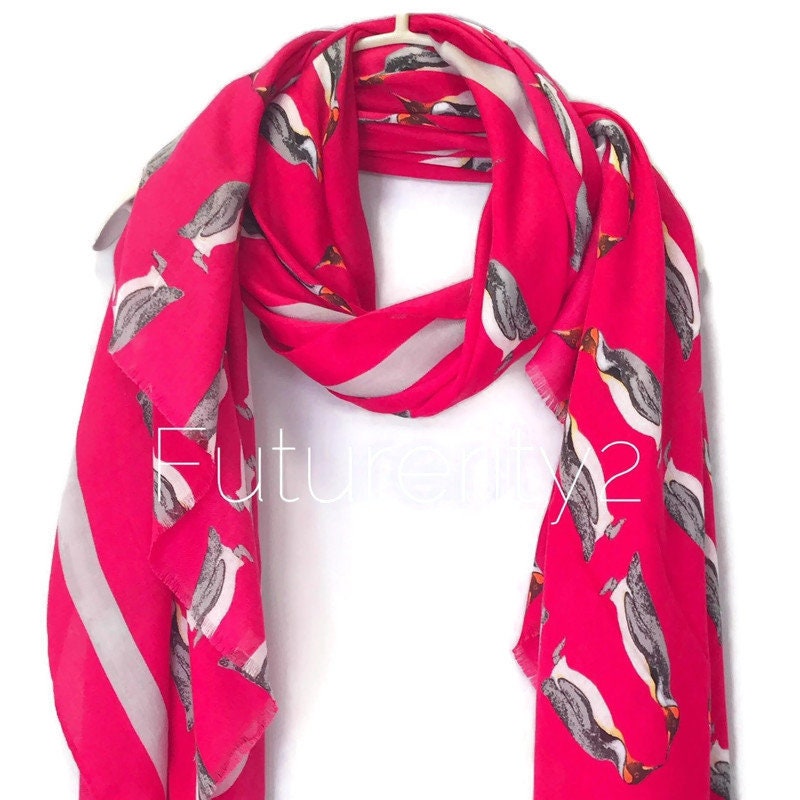 Bright Pink Cotton Scarf with Penguins and Grey Trim