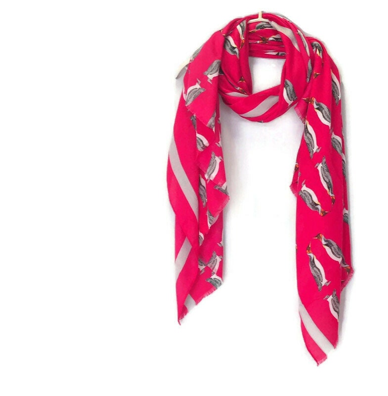 Bright Pink Cotton Scarf with Penguins and Grey Trim