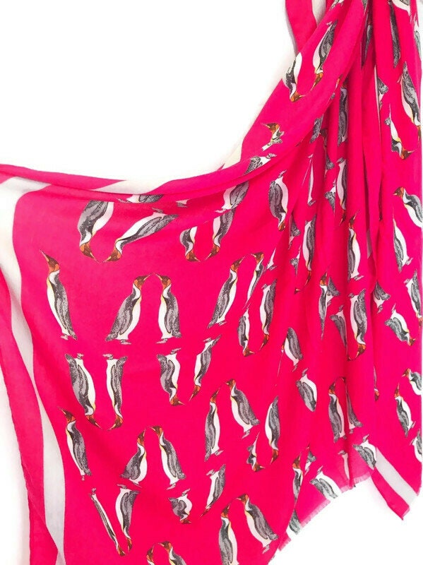 Bright Pink Cotton Scarf with Penguins and Grey Trim