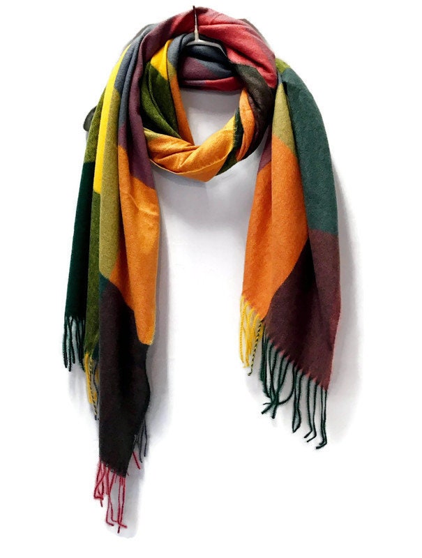 Blocks Pattern Orange Green Cashmere Blend Scarf/Winter Autumn Scarf/Gifts For Mother/Gifts For Her/Scarves Women/Christmas Birthday Gifts