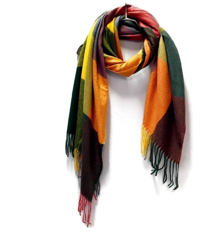Blocks Pattern Orange Green Cashmere Blend Scarf/Winter Autumn Scarf/Gifts For Mother/Gifts For Her/Scarves Women/Christmas Birthday Gifts