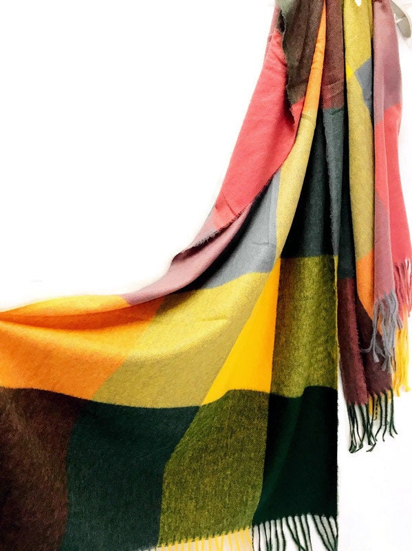 Blocks Pattern Orange Green Cashmere Blend Scarf/Winter Autumn Scarf/Gifts For Mother/Gifts For Her/Scarves Women/Christmas Birthday Gifts