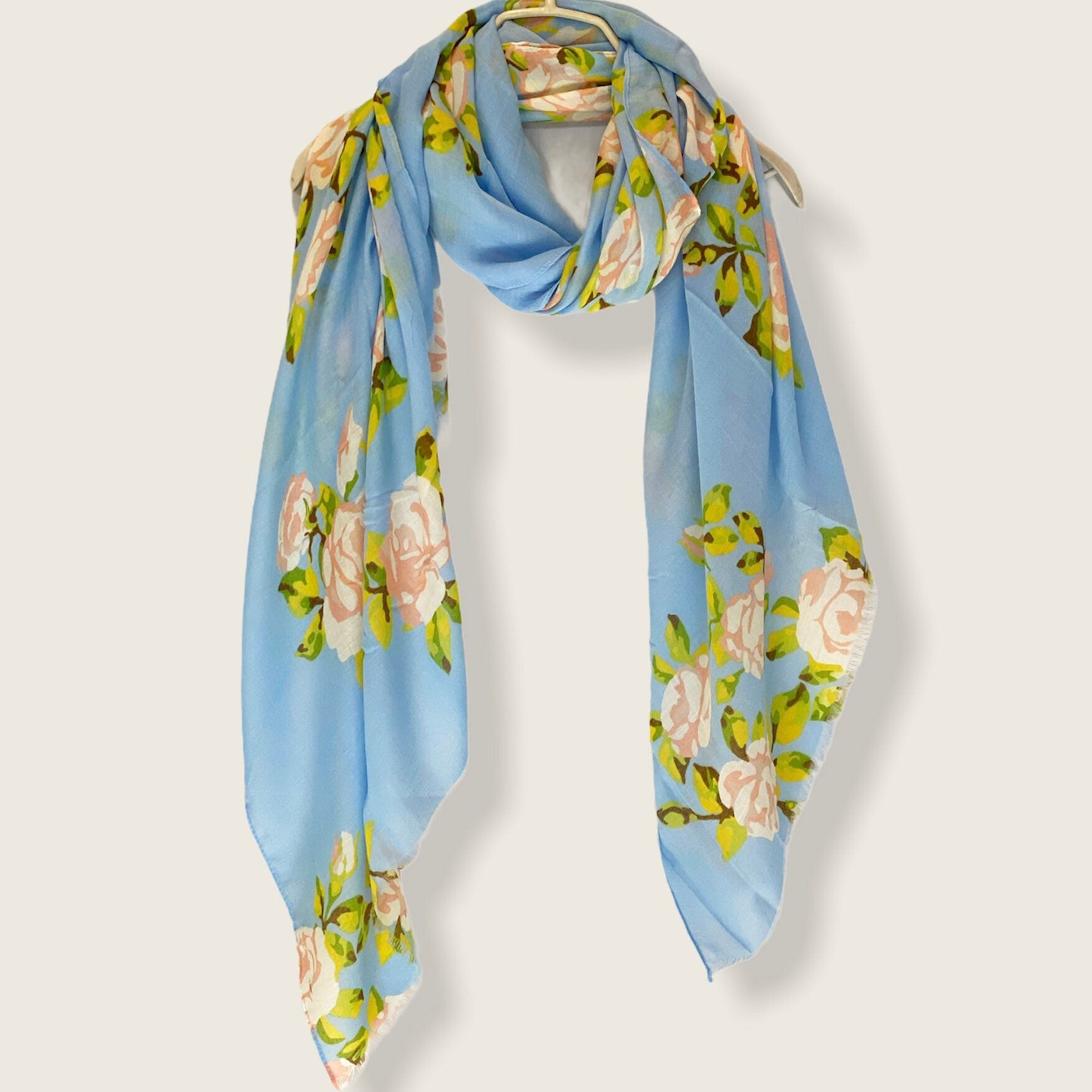 Watercolour Pink Roses Light Blue Cotton Scarf