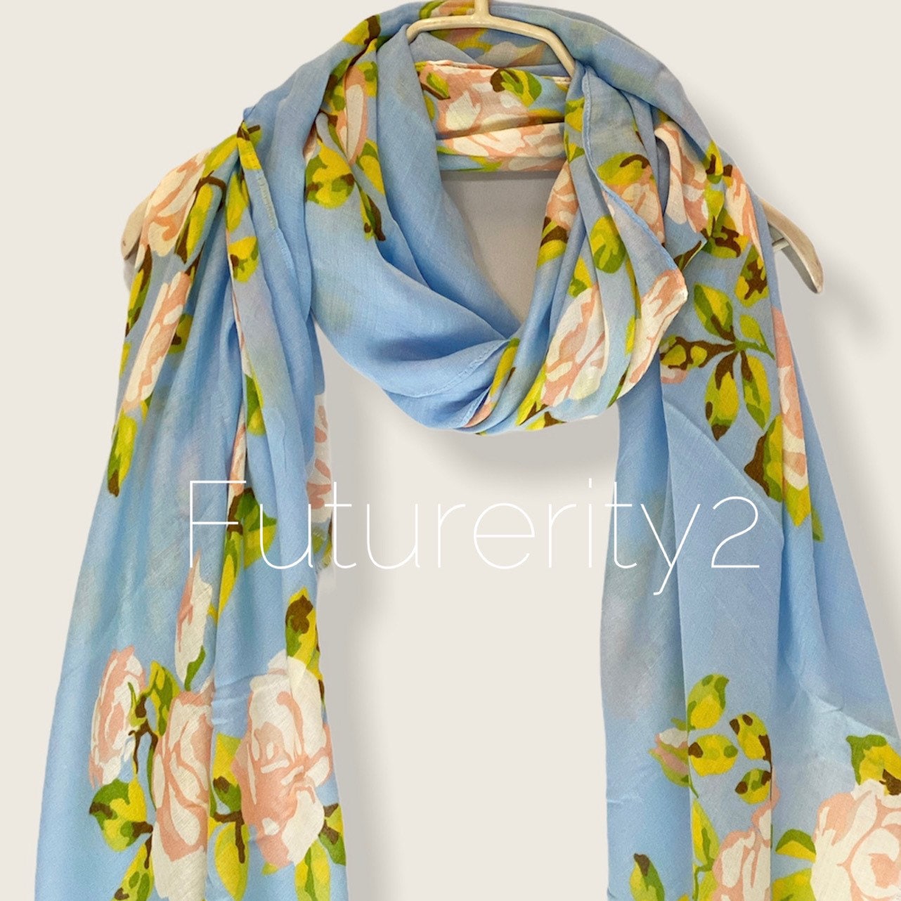 Watercolour Pink Roses Light Blue Cotton Scarf