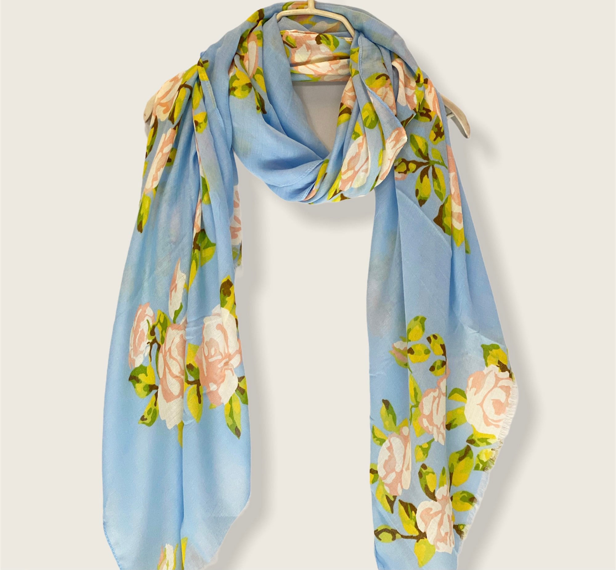 Watercolour Pink Roses Light Blue Cotton Scarf