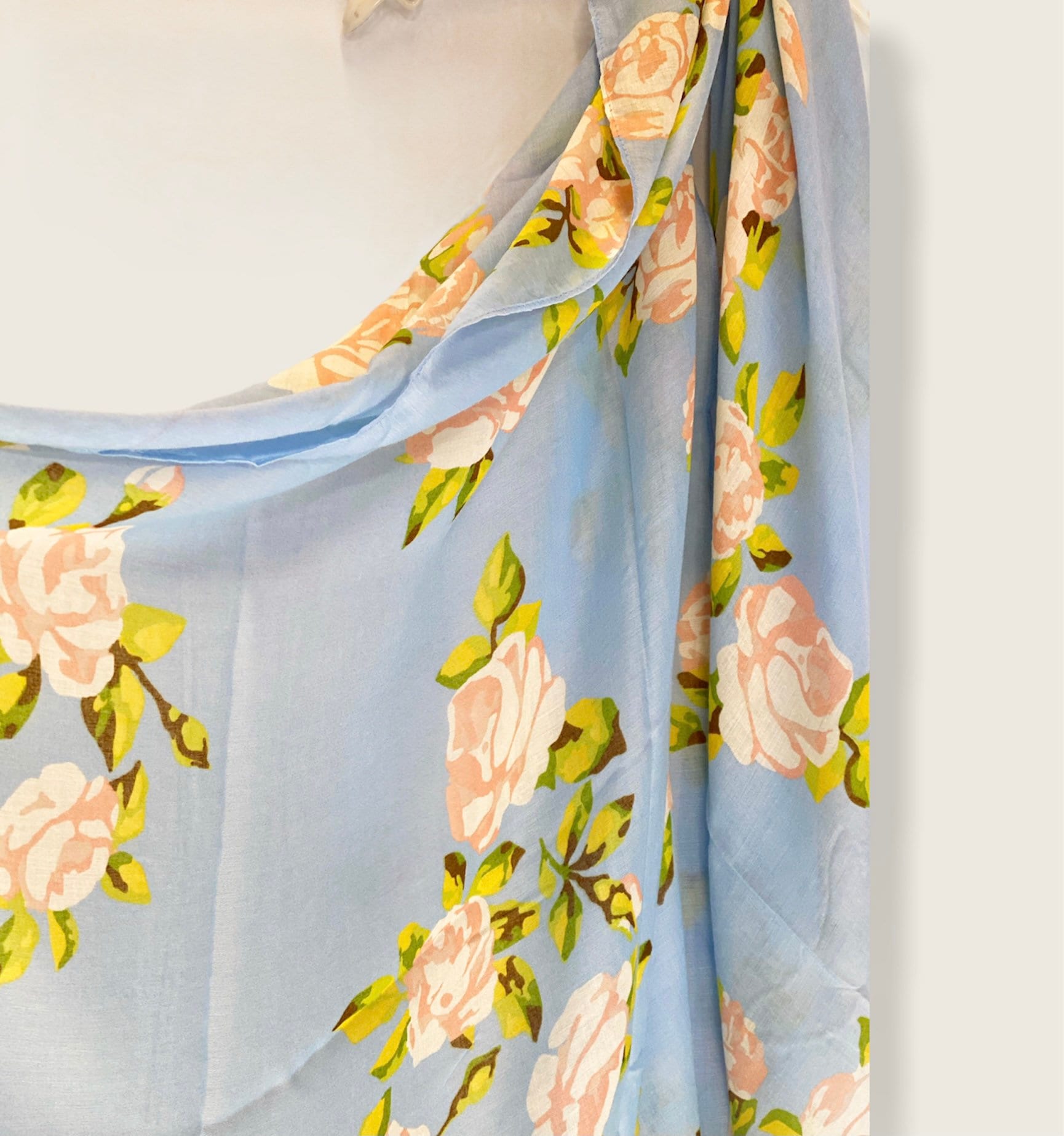Watercolour Pink Roses Light Blue Cotton Scarf