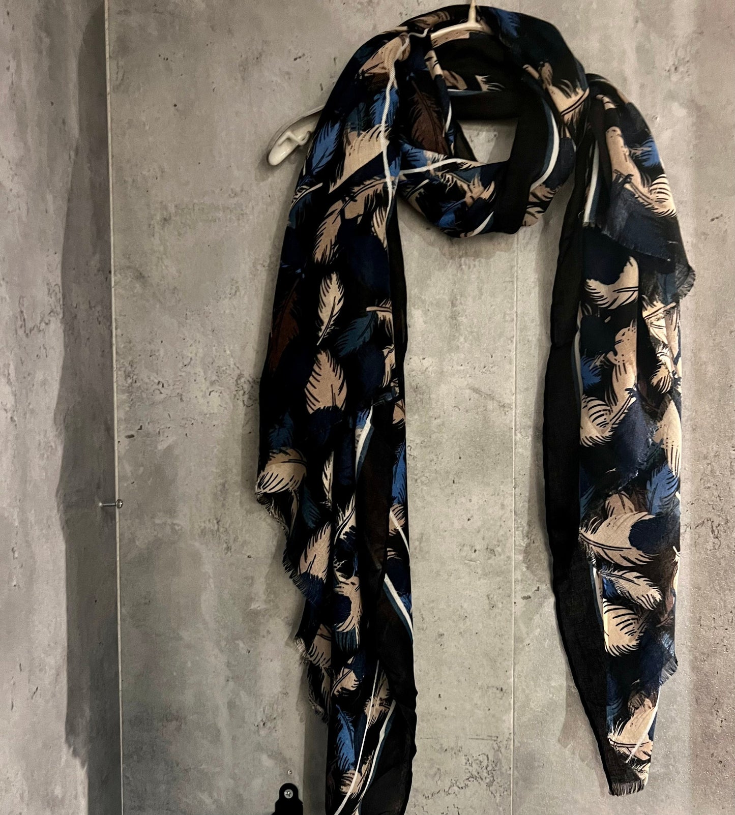 Blue Cotton Scarf with Floating Blue Beige Feathers – A Versatile and Elegant Gift for Her
