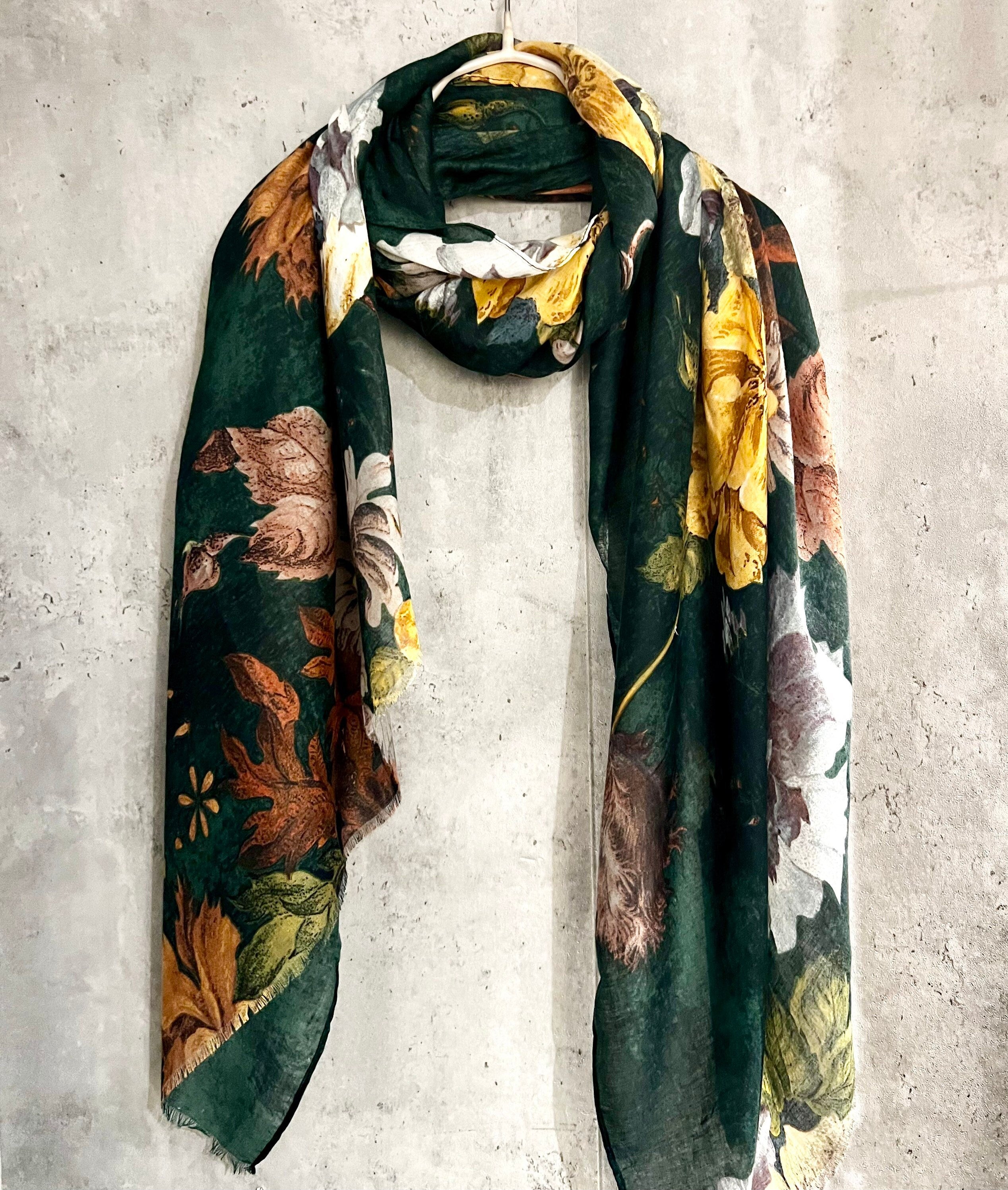 Vintage Peony Flowers Green  Cotton Scarf