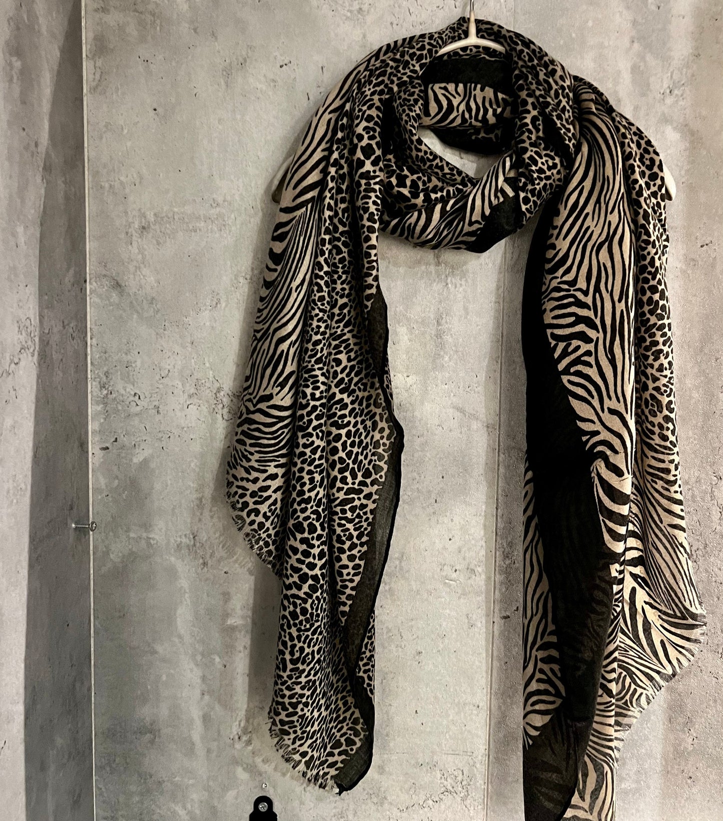 Beige Cotton Scarf with Micro Leopard and Zebra Pattern – A Fashionable and Versatile Gift for Her, Ideal Year-Round