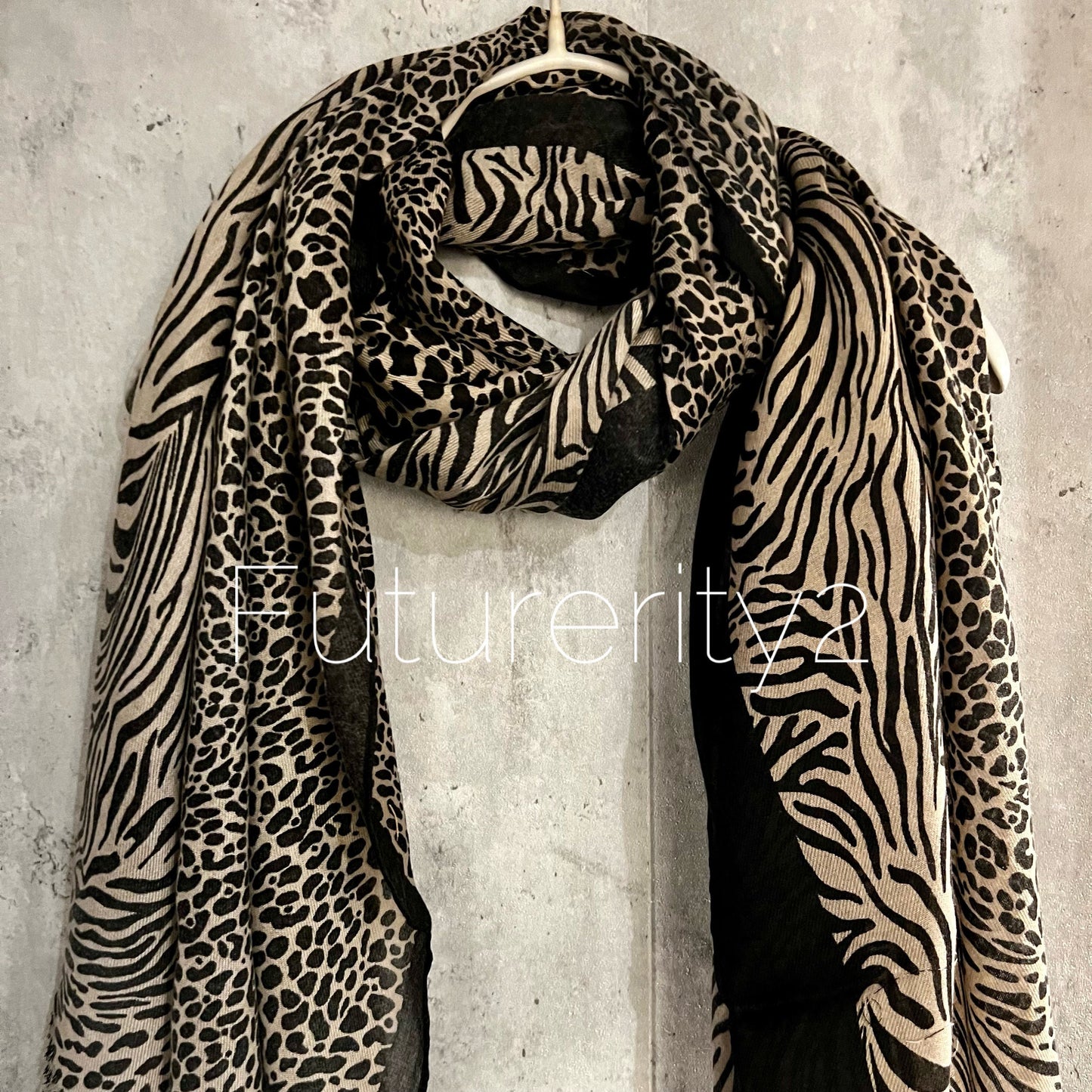 Beige Cotton Scarf with Micro Leopard and Zebra Pattern – A Fashionable and Versatile Gift for Her, Ideal Year-Round